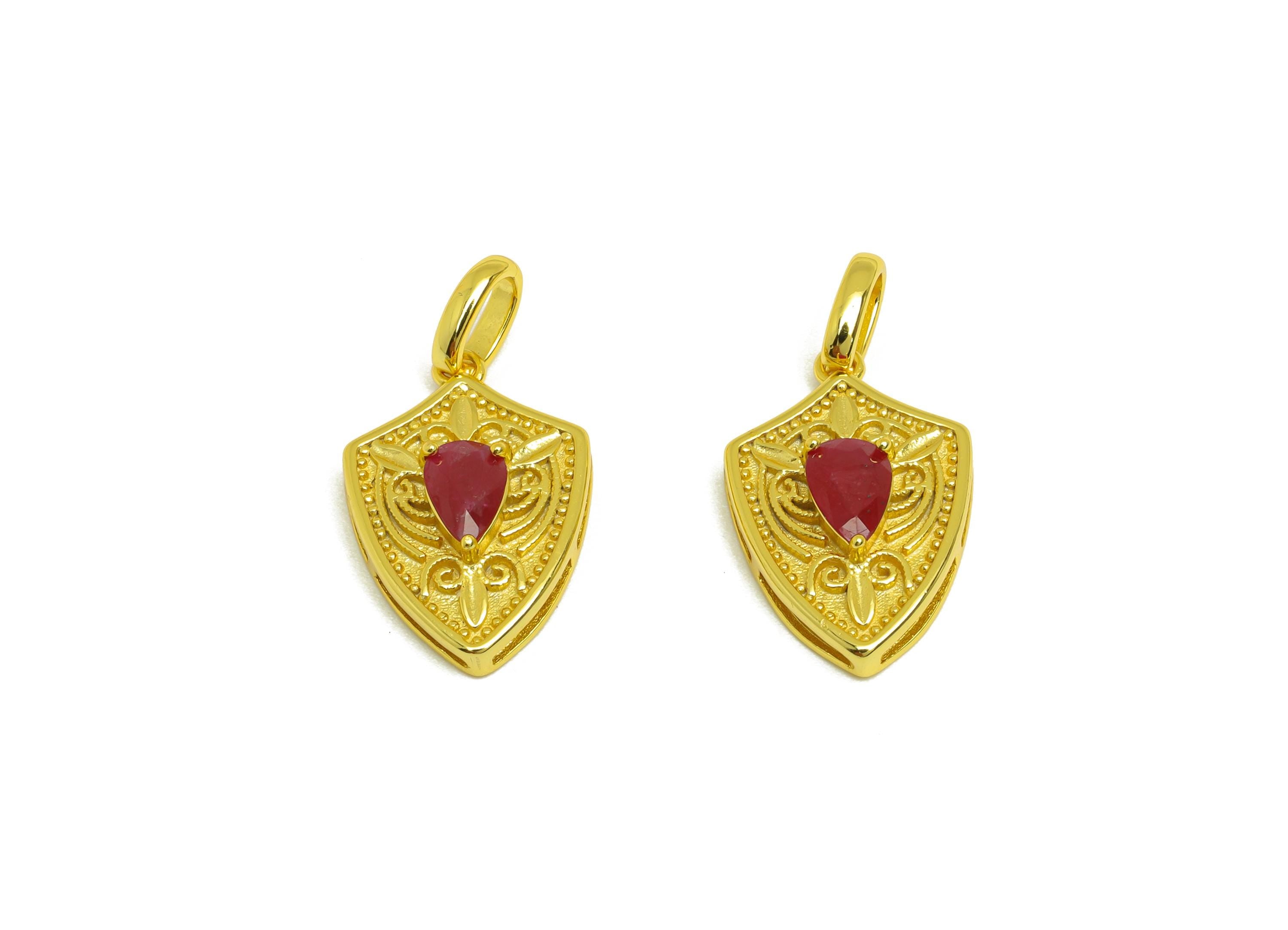 Ruby Natural Stone Pendant - Silver Gemstone Shield Earring Charm - Red Crystal Pendant - 18K Real Gold Plating - 23.28x12.45x5.09mm-RGP7629 - DOMEDBAZAAR
