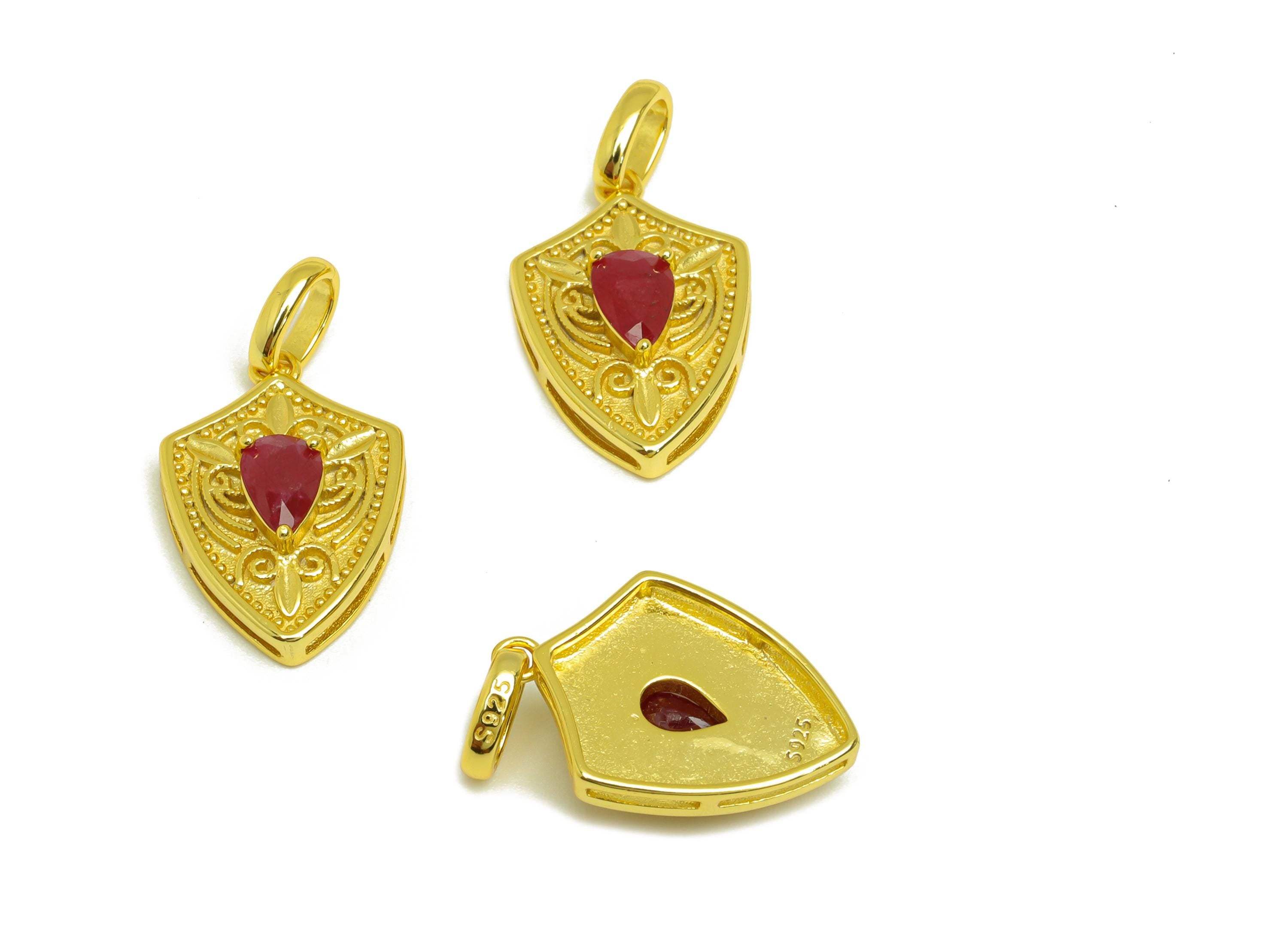 Ruby Natural Stone Pendant - Silver Gemstone Shield Earring Charm - Red Crystal Pendant - 18K Real Gold Plating - 23.28x12.45x5.09mm-RGP7629 - DOMEDBAZAAR
