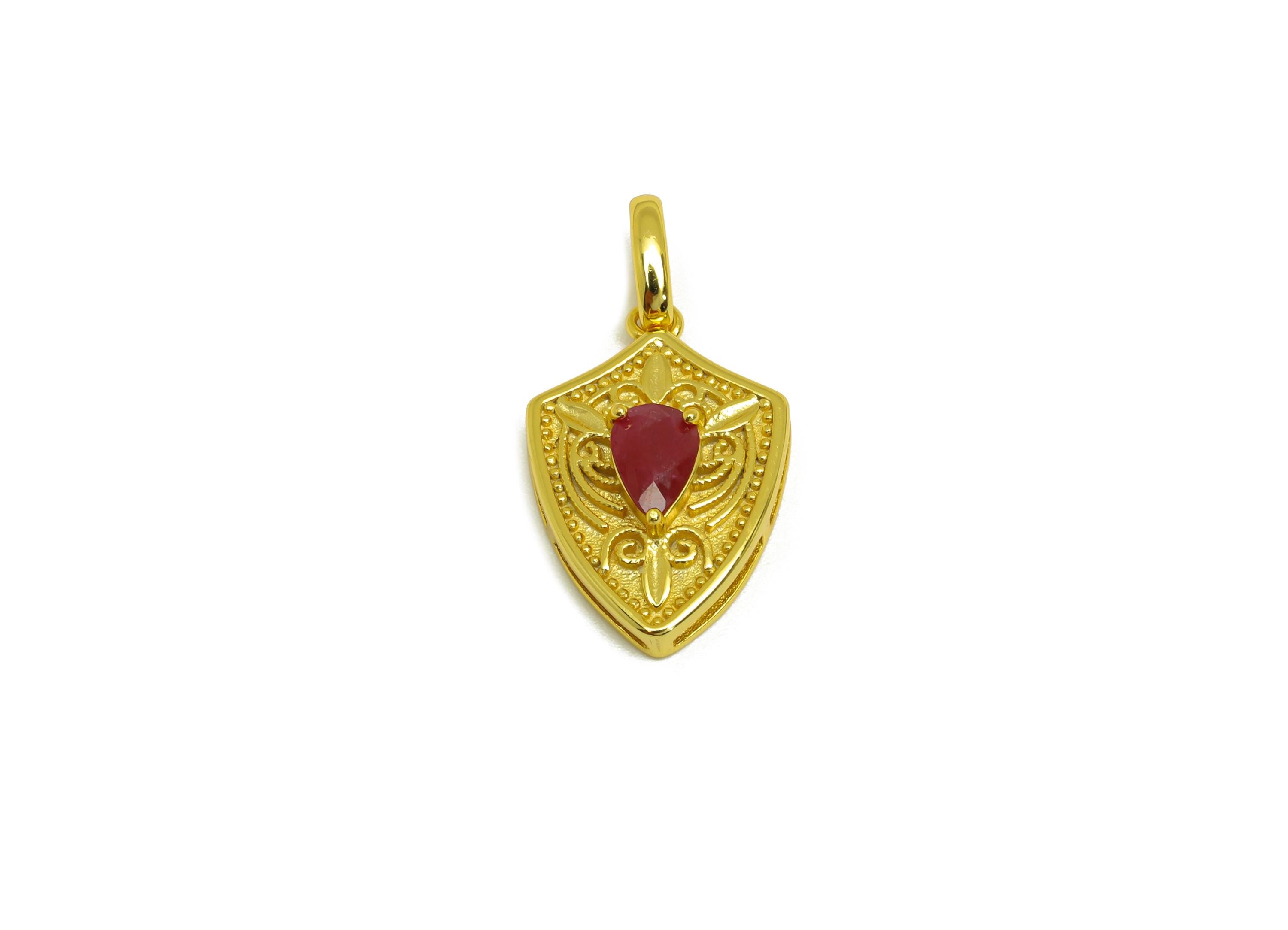 Ruby Natural Stone Pendant - Silver Gemstone Shield Earring Charm - Red Crystal Pendant - 18K Real Gold Plating - 23.28x12.45x5.09mm-RGP7629 - DOMEDBAZAAR