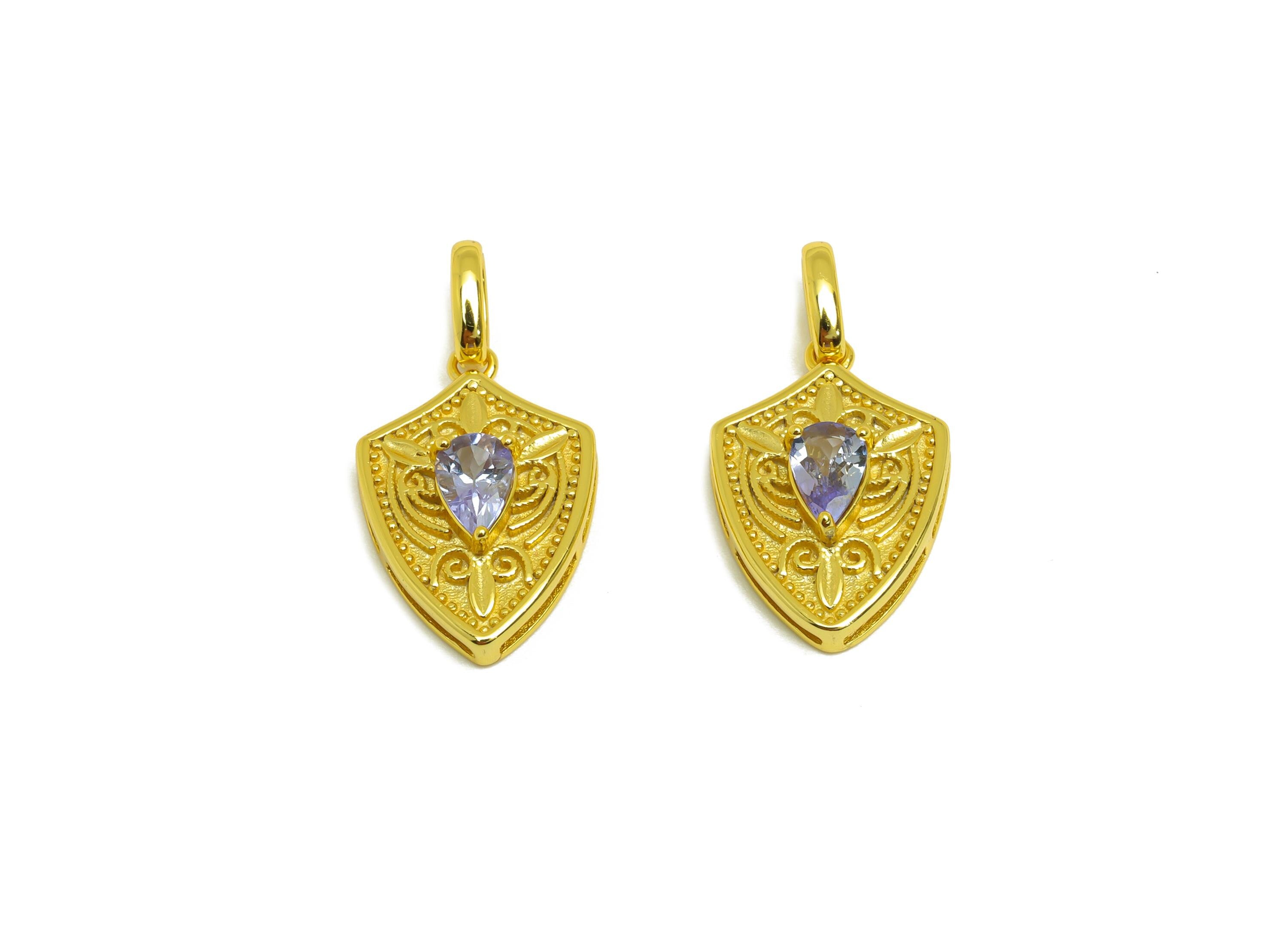 Tanzanite Natural Stone Pendant - Silver Gemstone Shield Earring Charm - Crystal Pendant - 18K Real Gold Plating -23.28x12.45x5.09mm-RGP7630 - DOMEDBAZAAR
