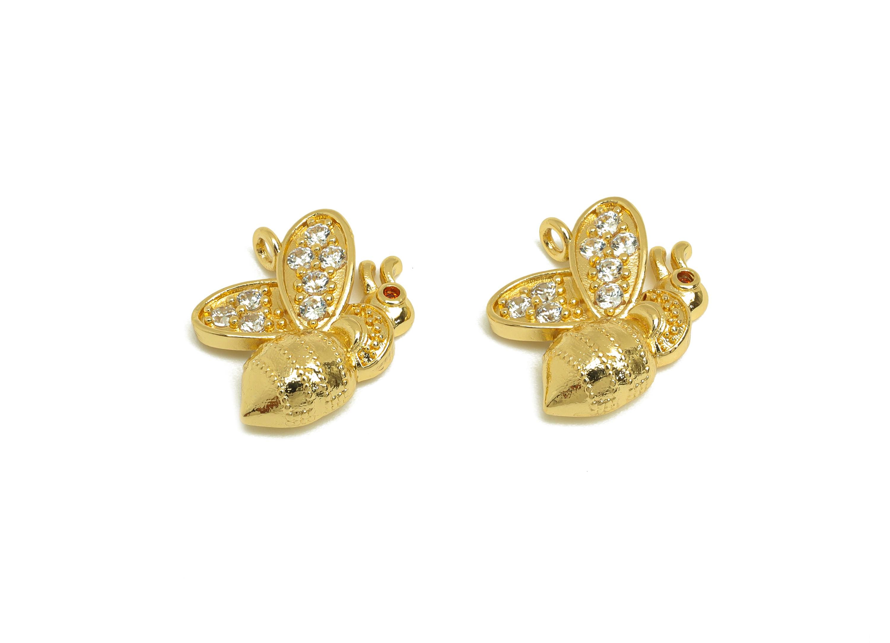 Brass Zircon Bee Charm - Brass Cubic Zircon Animal Pendant - Animal Bee Earring Charm - 18K Real Gold Plating - 16.5x14.3x4.4mm - RGP7632 - DOMEDBAZAAR