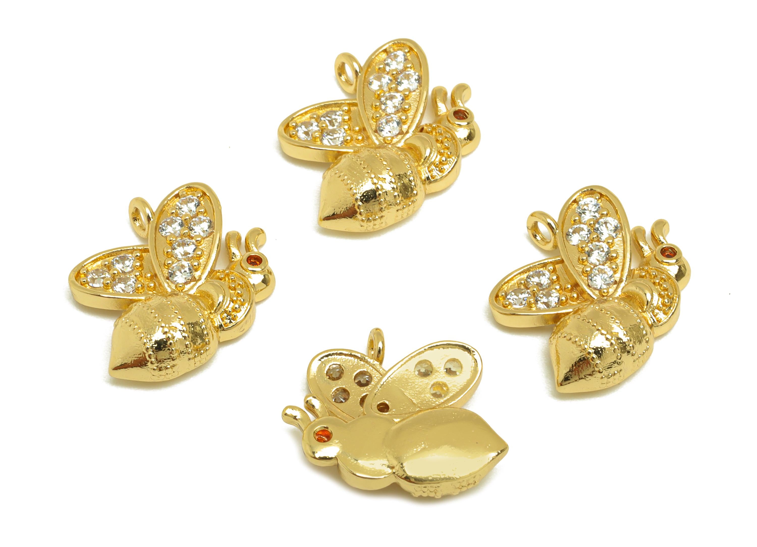 Brass Zircon Bee Charm - Brass Cubic Zircon Animal Pendant - Animal Bee Earring Charm - 18K Real Gold Plating - 16.5x14.3x4.4mm - RGP7632 - DOMEDBAZAAR