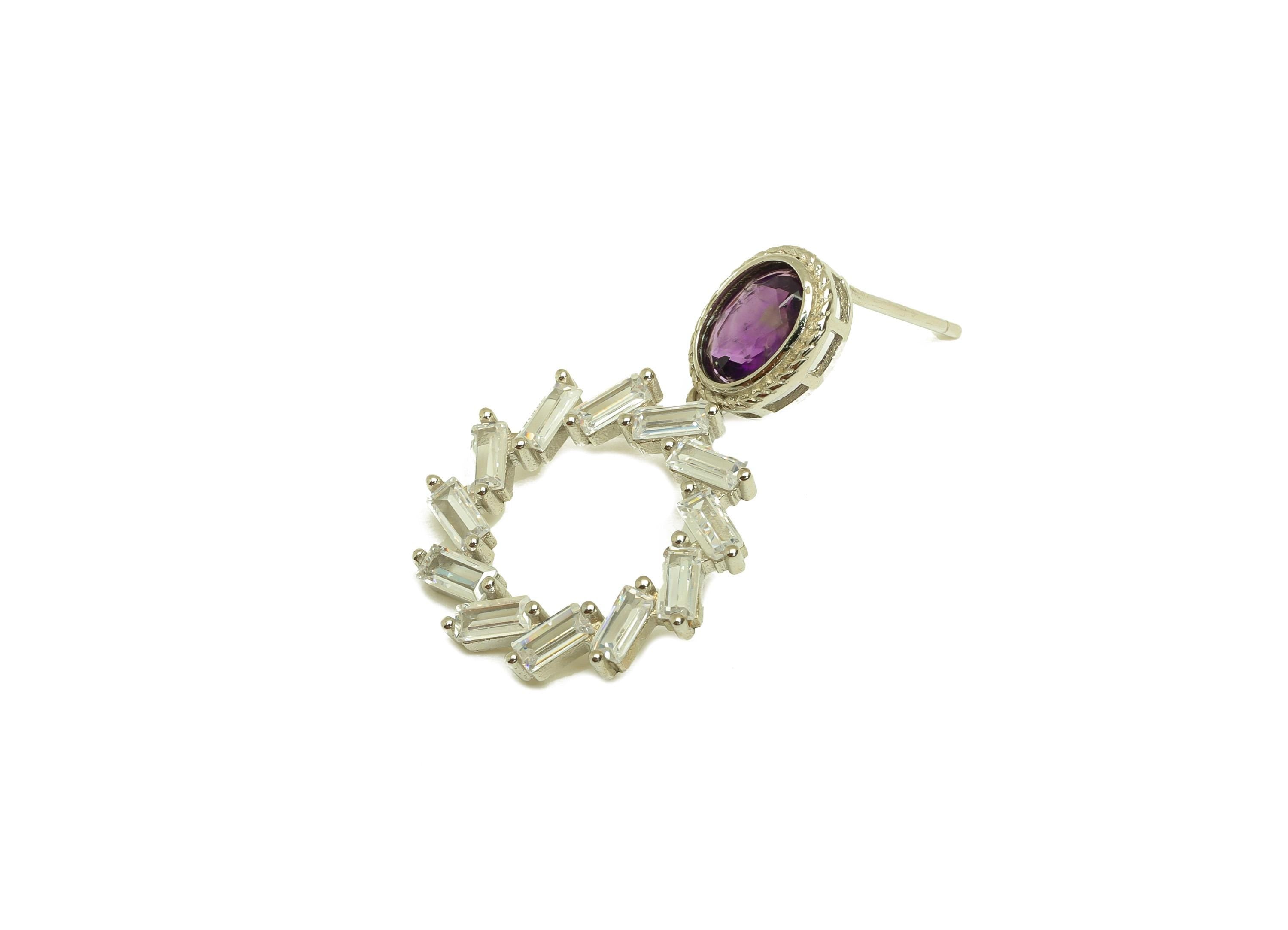 Amethyst Earring Stud - Rectangle Cubic Zircon Oval Earring Post - Purple Earring Post - Silver Round Earring Post - 27x18x1mm - RGP7231 - DOMEDBAZAAR