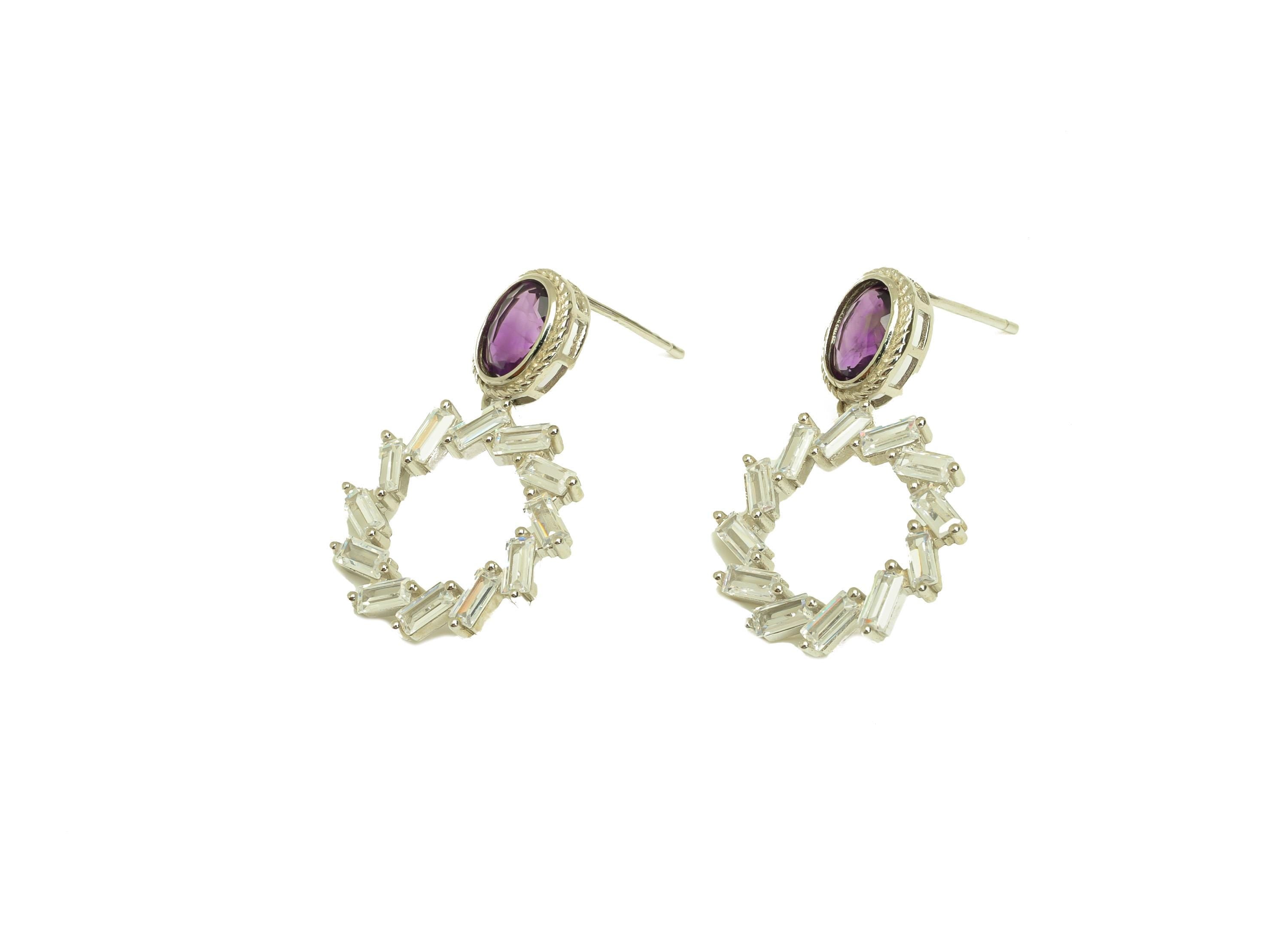 Amethyst Earring Stud - Rectangle Cubic Zircon Oval Earring Post - Purple Earring Post - Silver Round Earring Post - 27x18x1mm - RGP7231 - DOMEDBAZAAR