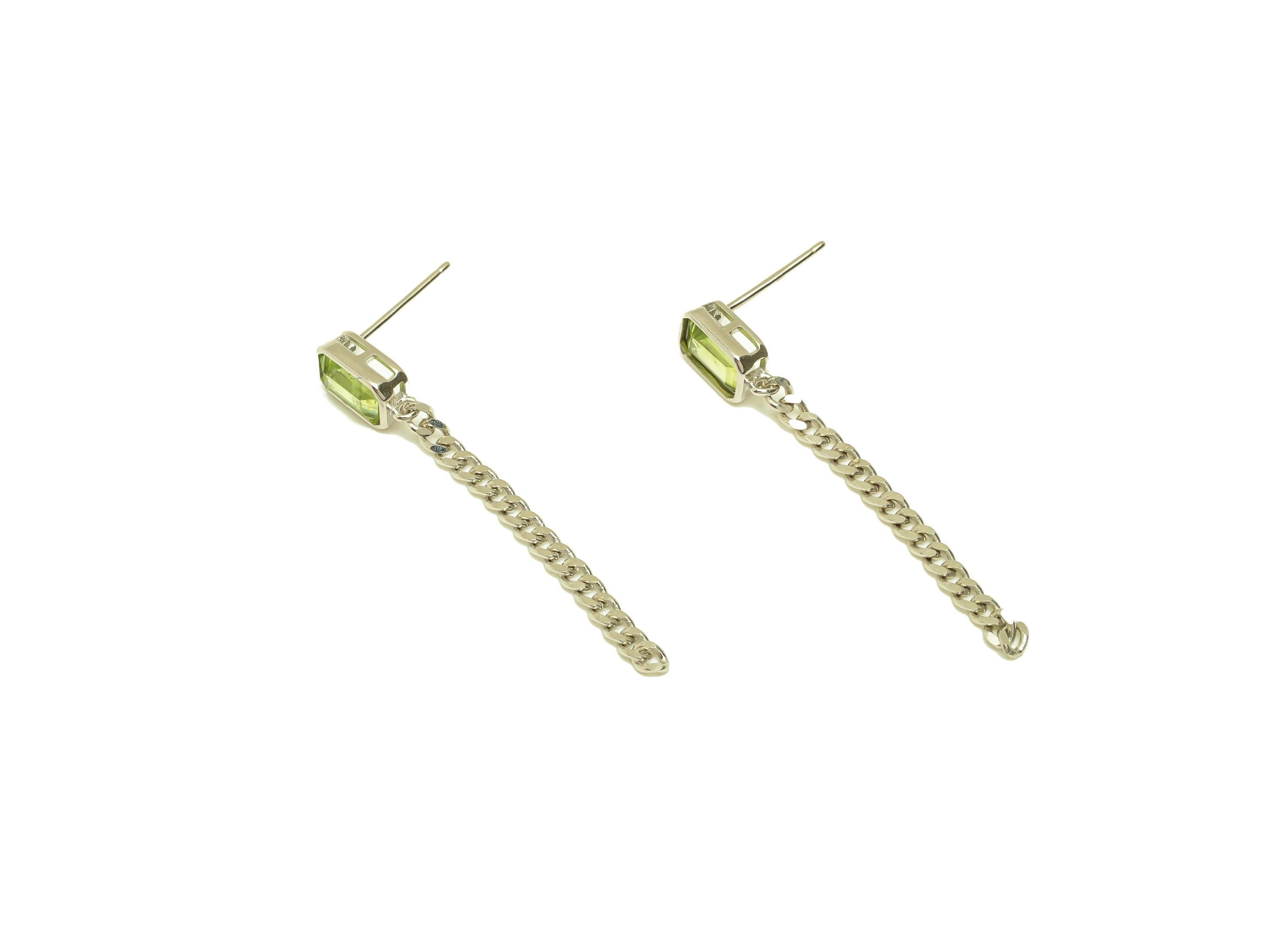 Peridot Earring Stud - Silver Chain Rectangle Earring Post - 925 Silver Earring Post - Silver Chain Dangle Earring Post - 8x5x0.7mm -RGP7225 - DOMEDBAZAAR