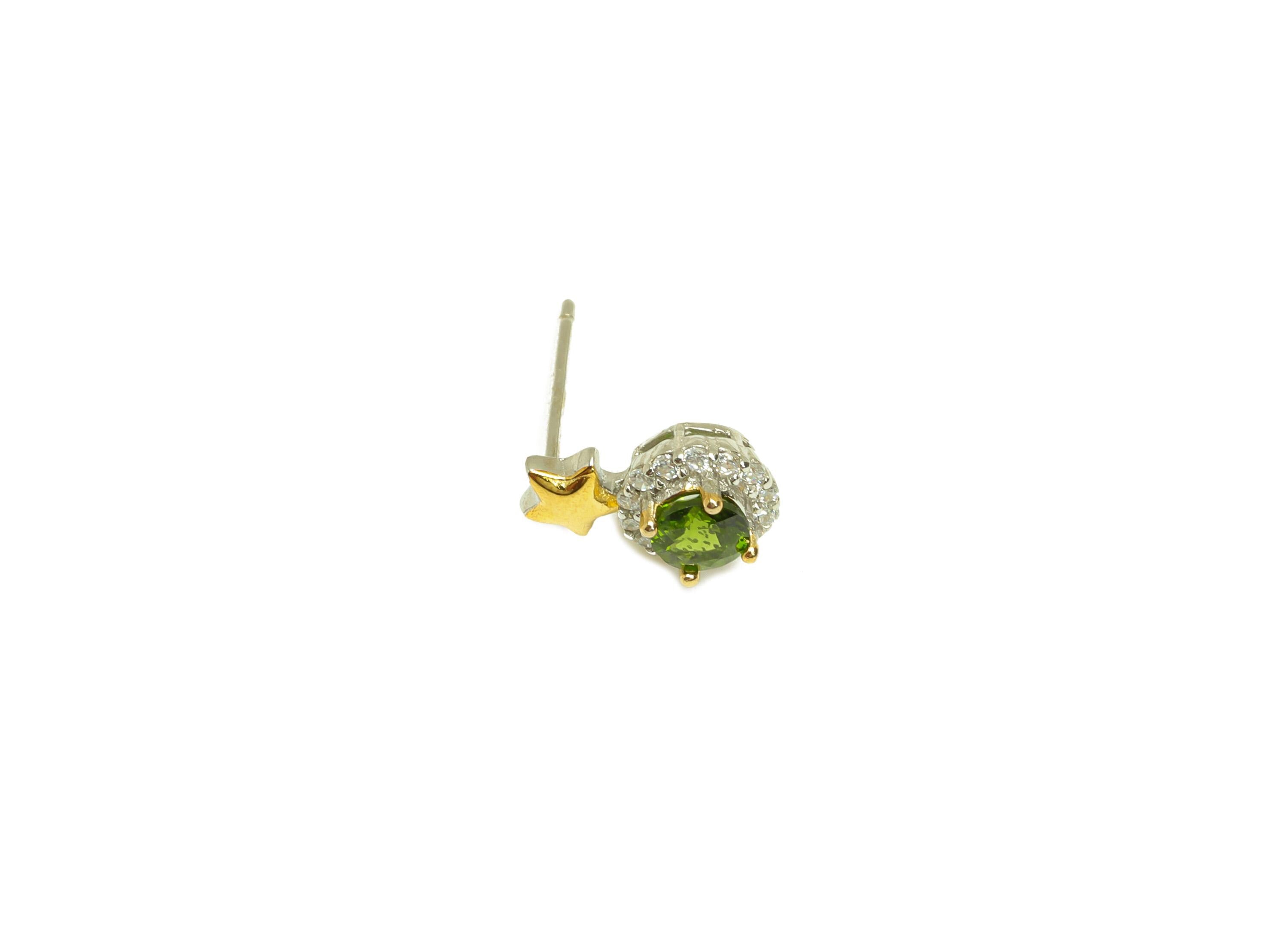 Diopside Earring Stud - Round Cubic Zircon Green Earring Post - Silver Star Earring Post - Diopside Round Earring Post - 11x6x1mm - RGP7228 - DOMEDBAZAAR