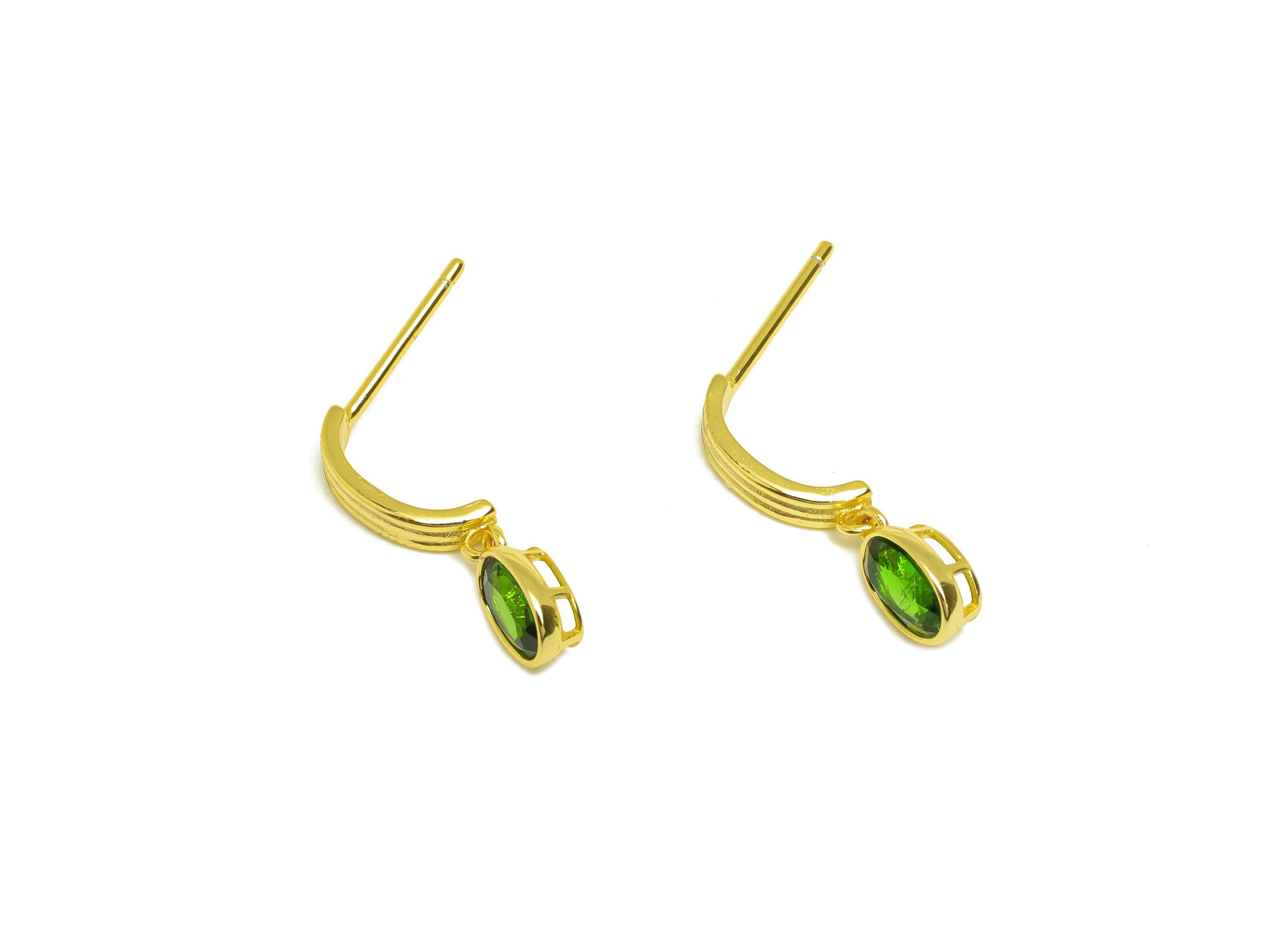 Diopside Bent Earring Stud - Bent Stick Oval Green Earring Post - Silver Earring Post - 18K Real Gold Plating Silver - 20x5x0.9mm- RGP7220 - DOMEDBAZAAR