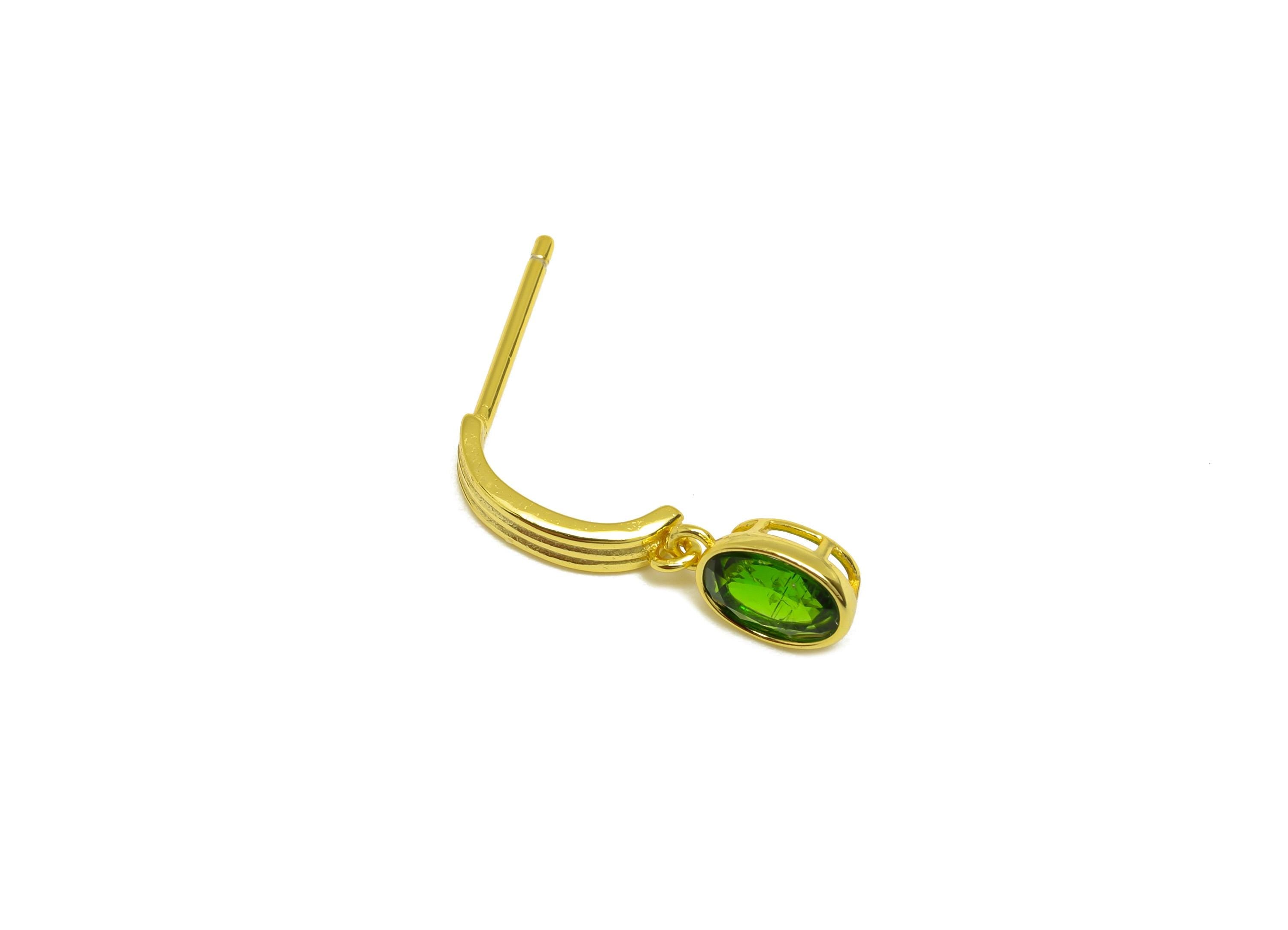 Diopside Bent Earring Stud - Bent Stick Oval Green Earring Post - Silver Earring Post - 18K Real Gold Plating Silver - 20x5x0.9mm- RGP7220 - DOMEDBAZAAR