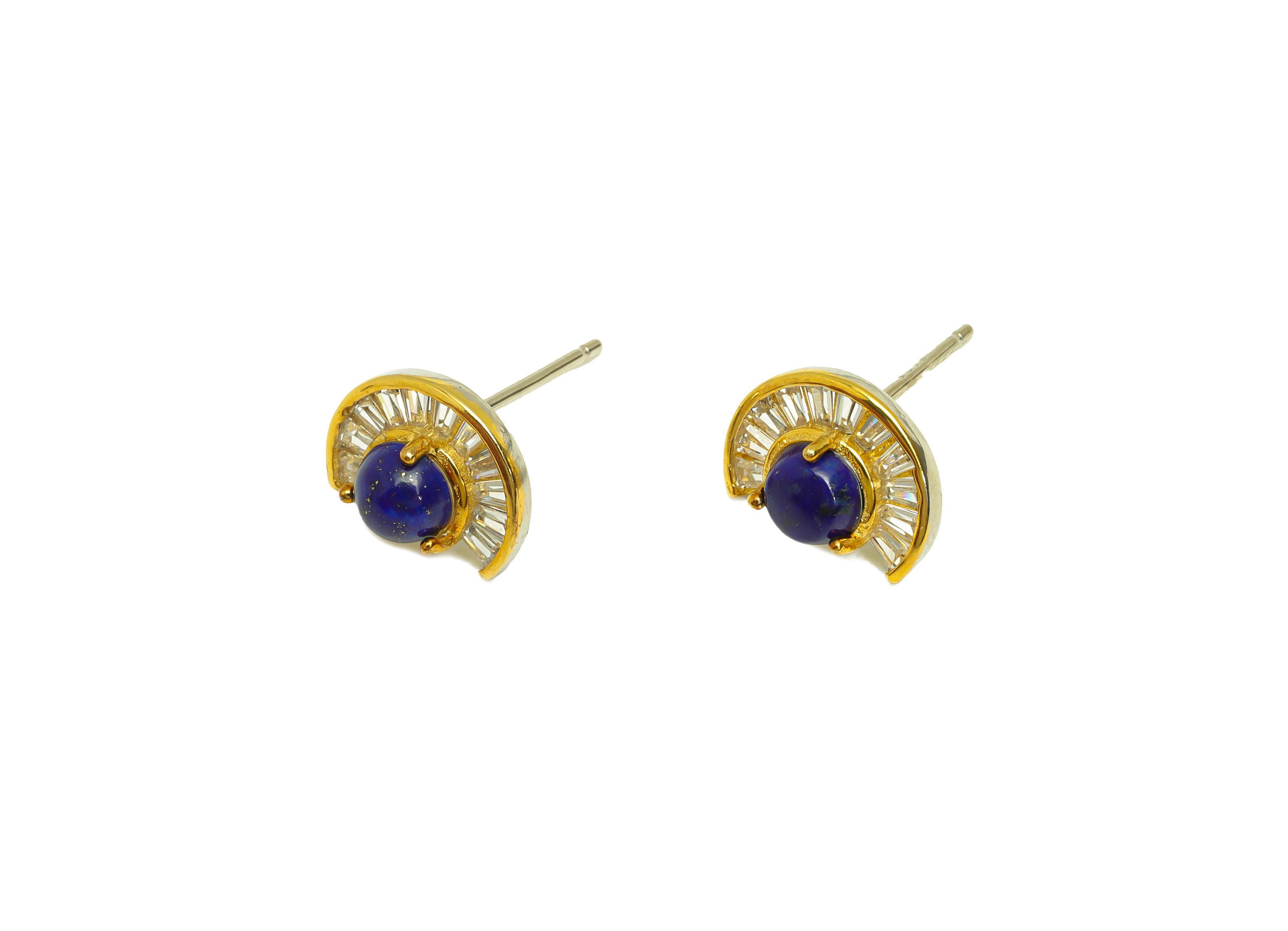Afgan Lapis Lazuli Earring Stud - Cubic Zircon Blue Earring Post - Silver Earring Post - CZ Geometry Round Earring Post - 8x11x1mm - RGP7229 - DOMEDBAZAAR