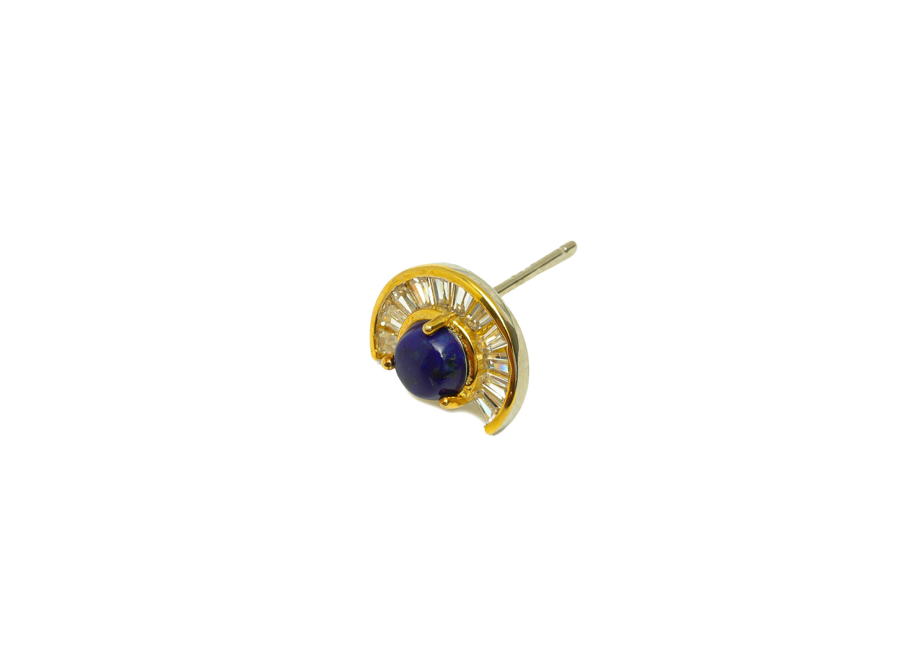 Afgan Lapis Lazuli Earring Stud - Cubic Zircon Blue Earring Post - Silver Earring Post - CZ Geometry Round Earring Post - 8x11x1mm - RGP7229 - DOMEDBAZAAR