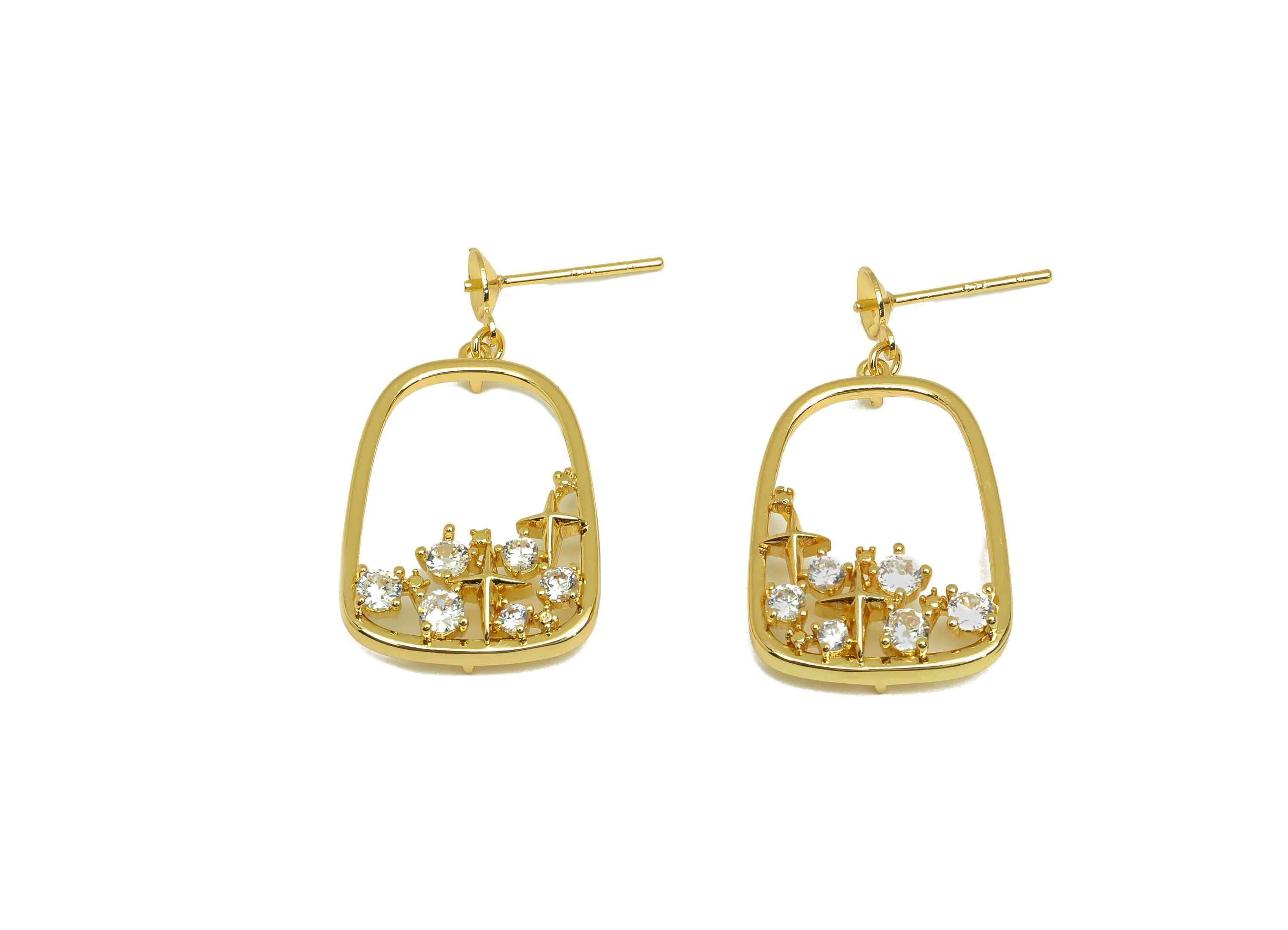 Brass Dangle Earring Setting - Gold Zircon Earring Post for Peal - Mother of Pearl - 18K Real Gold Plating - 24.32x17.4x1.17mm - RGP7638 - DOMEDBAZAAR