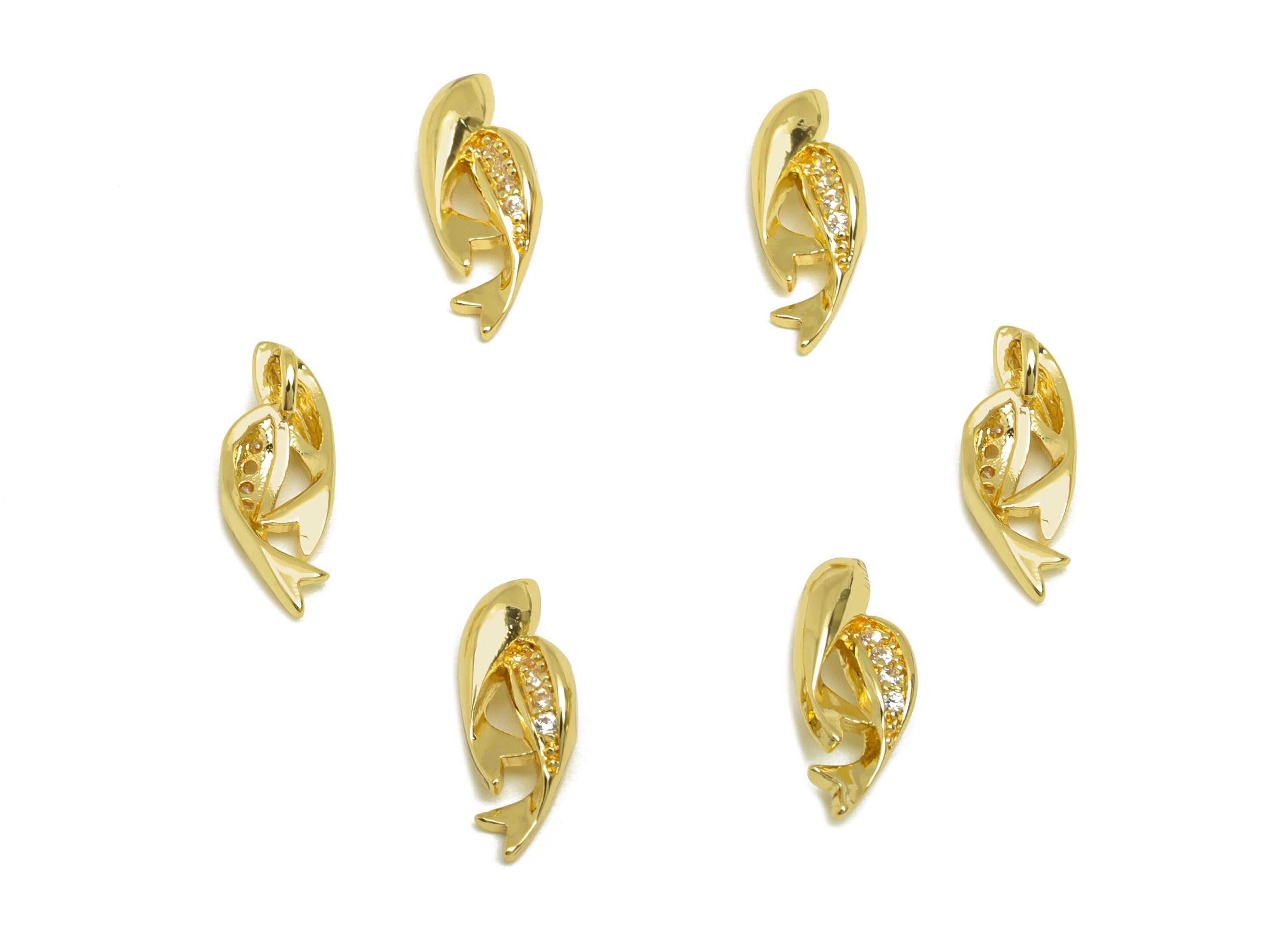 Brass Fish Pendant - Zircon Goldfish Earring Charm with Loop - Gold CZ Tiny Marine Charm - 18K Real Gold Plating - 13.2x5.2x2.37mm - RGP7642 - DOMEDBAZAAR
