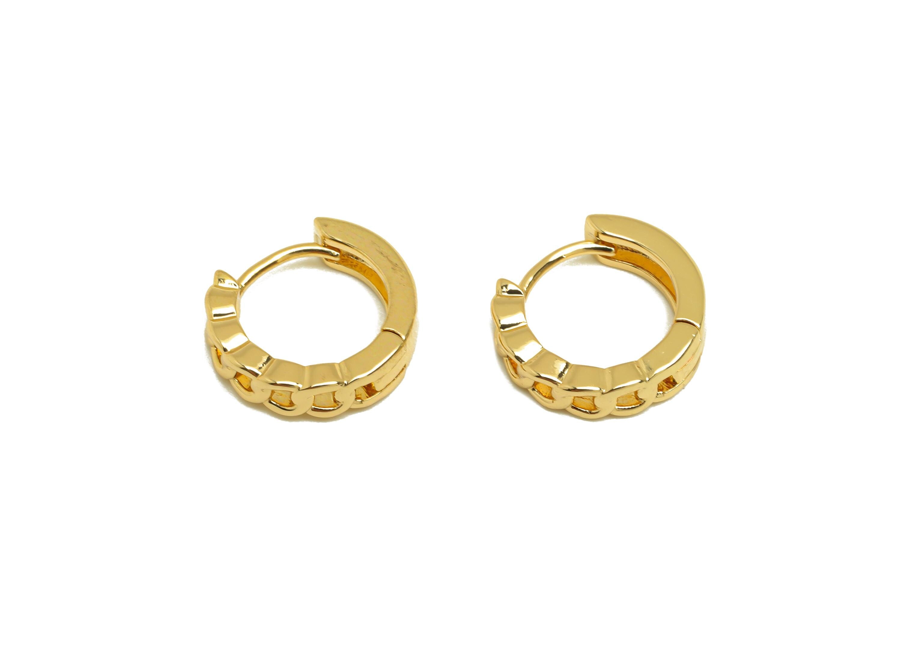 Brass Curb Chain Earrings - Gold Round Huggie Hoop Earring Clasp - Huggie Hoop Earring - 18K Real Gold Plating - 13.56x12.5x1.95mm - RGP7646 - DOMEDBAZAAR