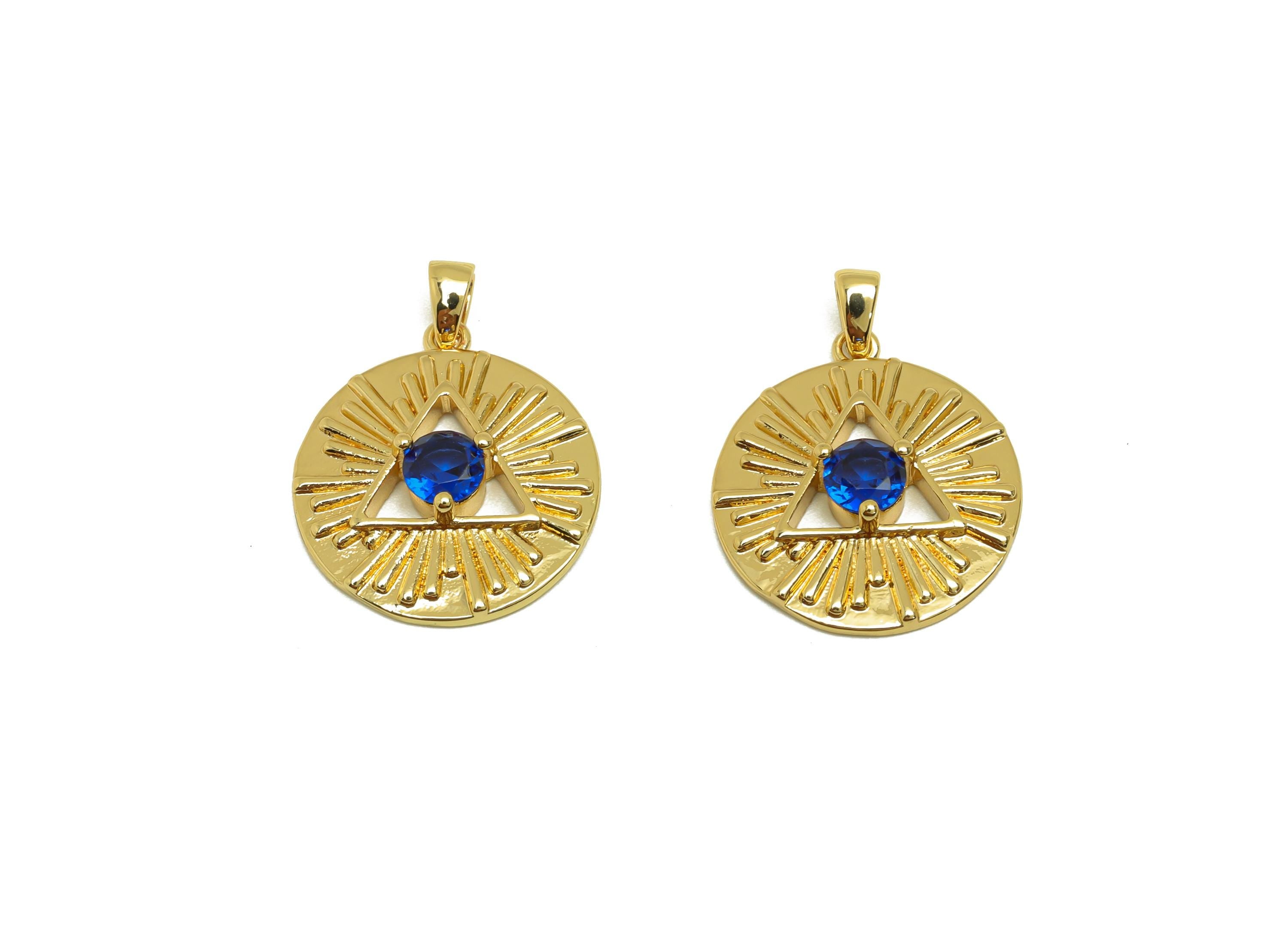 Brass Sun Triangle Charm - Gold Zircon Sun Triangle Pendant - CZ Round Earring Charms - 18K Real Gold Plated - 20.8x18.7x4.05mm - RGP7647 - DOMEDBAZAAR