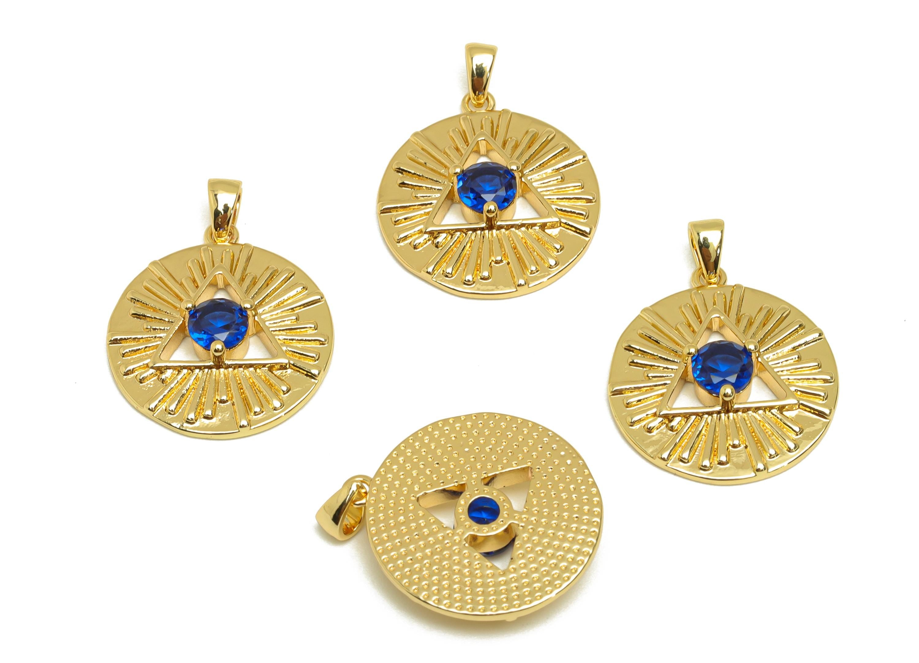 Brass Sun Triangle Charm - Gold Zircon Sun Triangle Pendant - CZ Round Earring Charms - 18K Real Gold Plated - 20.8x18.7x4.05mm - RGP7647 - DOMEDBAZAAR
