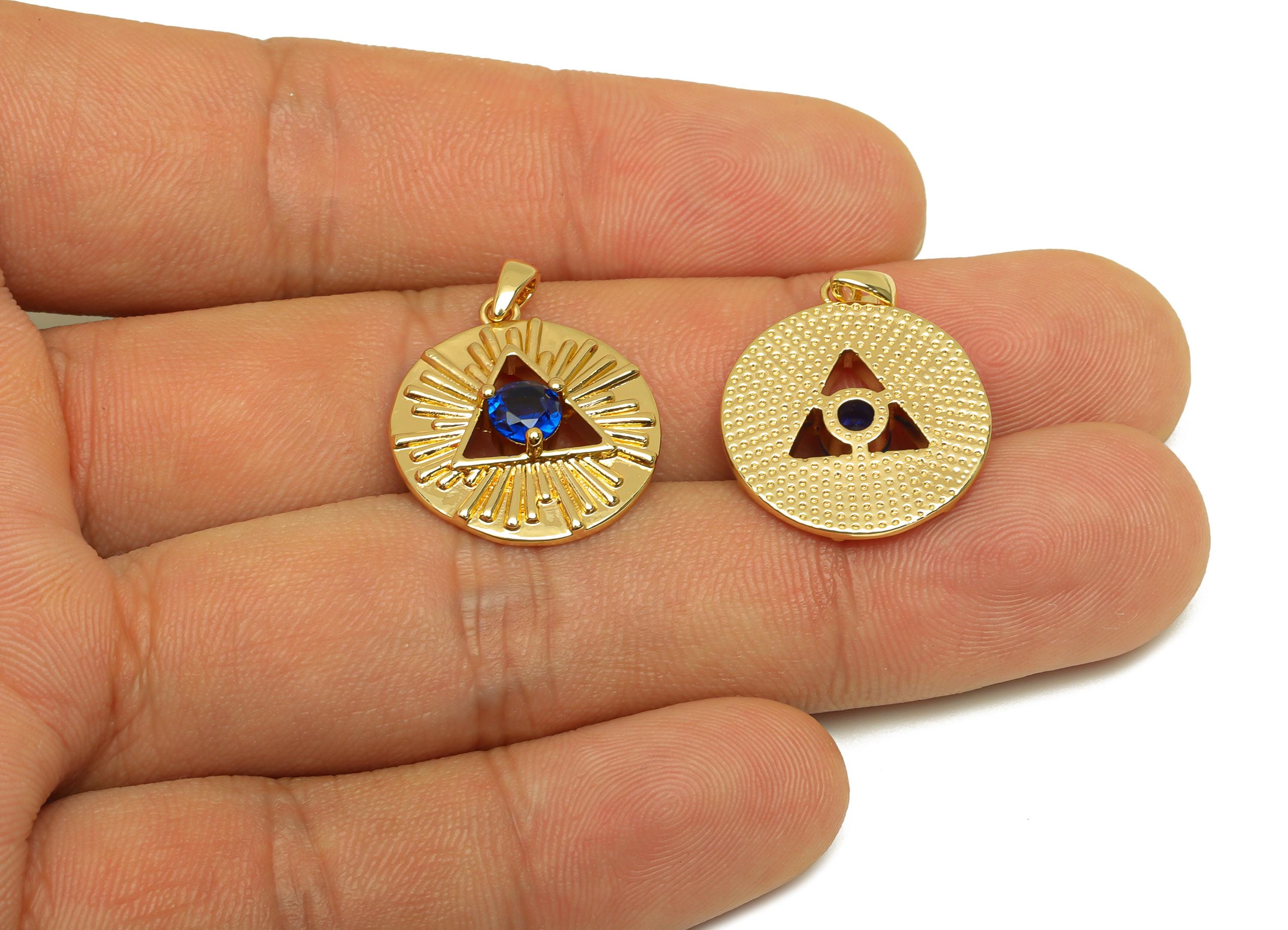 Brass Sun Triangle Charm - Gold Zircon Sun Triangle Pendant - CZ Round Earring Charms - 18K Real Gold Plated - 20.8x18.7x4.05mm - RGP7647 - DOMEDBAZAAR