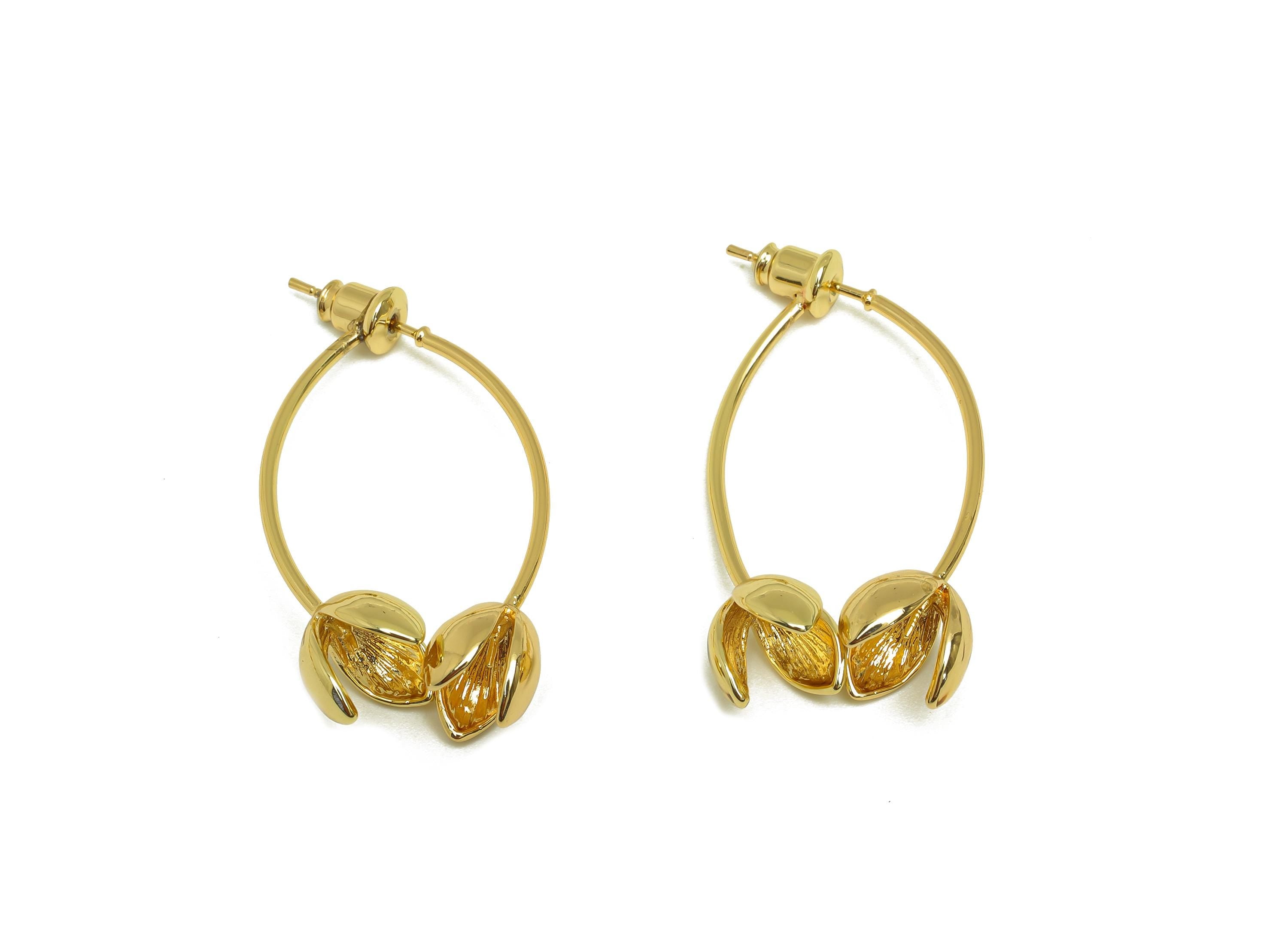 Brass Flower Earring Jacket - Botanical Flower Earring Post - Gold Flower Earring Stud - 18K Real Gold Plating - 38.25x9x8.66mm - RGP7648 - DOMEDBAZAAR