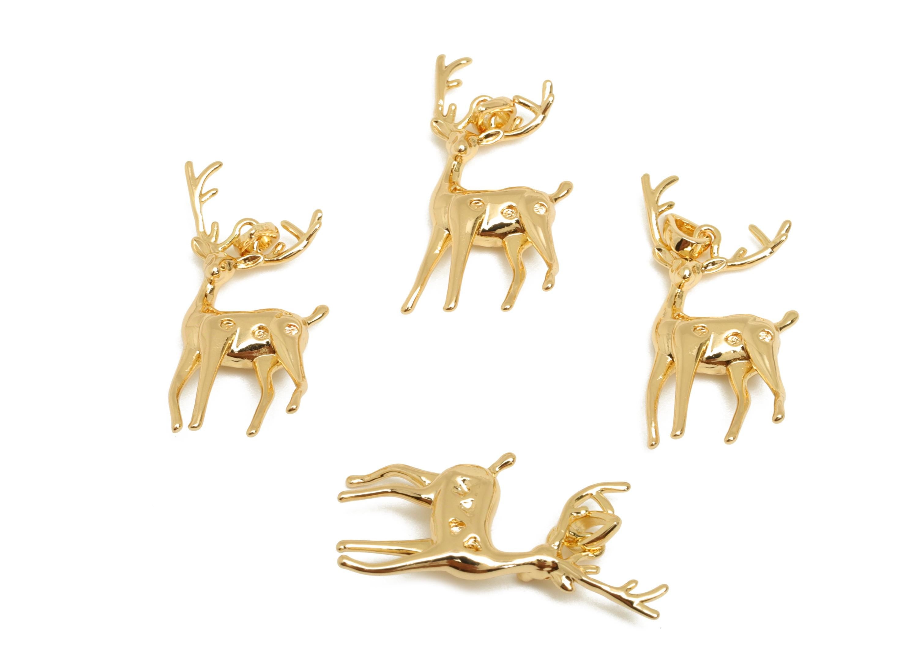 Brass Deer Earring Charm - Textured Sika Deer Pendant with Loop - Gold Animal Deer Charm - 18K Real Gold Plated - 10.35x23.5x3.27mm- RGP7650 - DOMEDBAZAAR