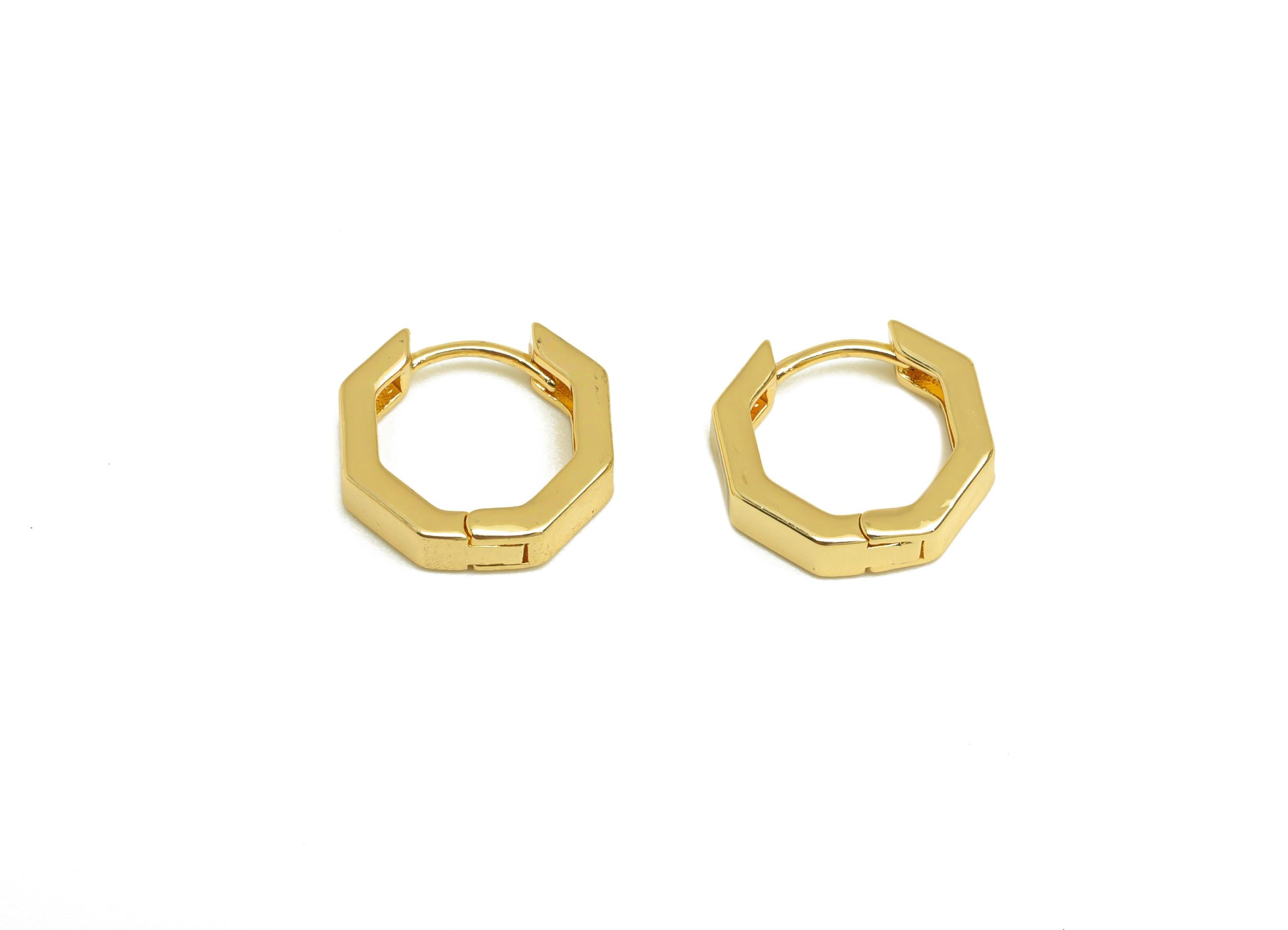 Brass Octagon Earrings Clasps - Gold Huggie Hoop Ear Clasp - Octagon Huggie Hoop Earring - 18K Real Gold Plated - 11.9x11.5x1.53mm - RGP7654 - DOMEDBAZAAR
