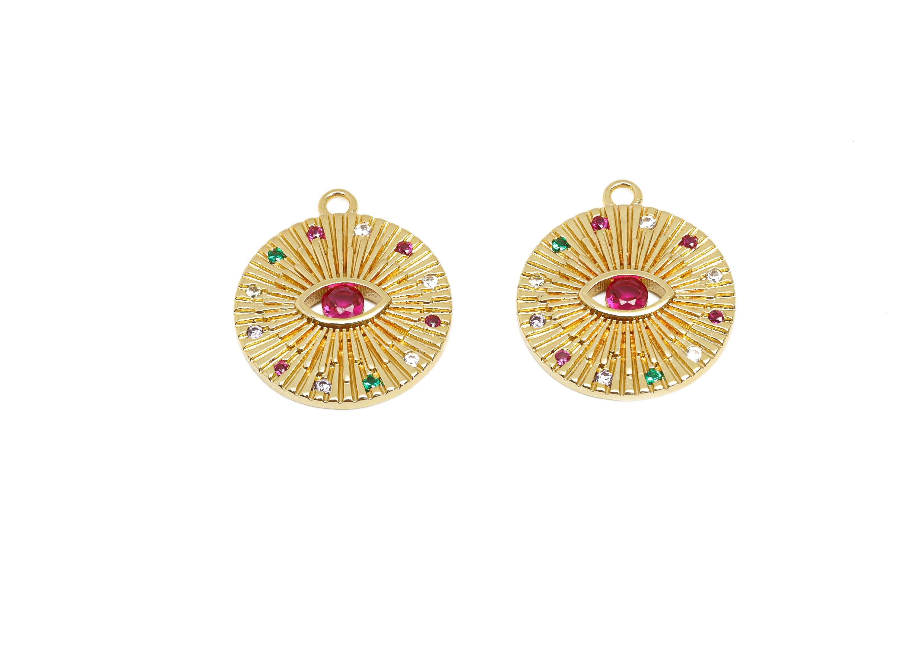 Brass Round Earring Charm - Marquise Zircon Charm - Textured Gold Marquise CZ Pendant - 18K Real Gold Plating - 17.9x15.57x1.83mm - RGP7655 - DOMEDBAZAAR