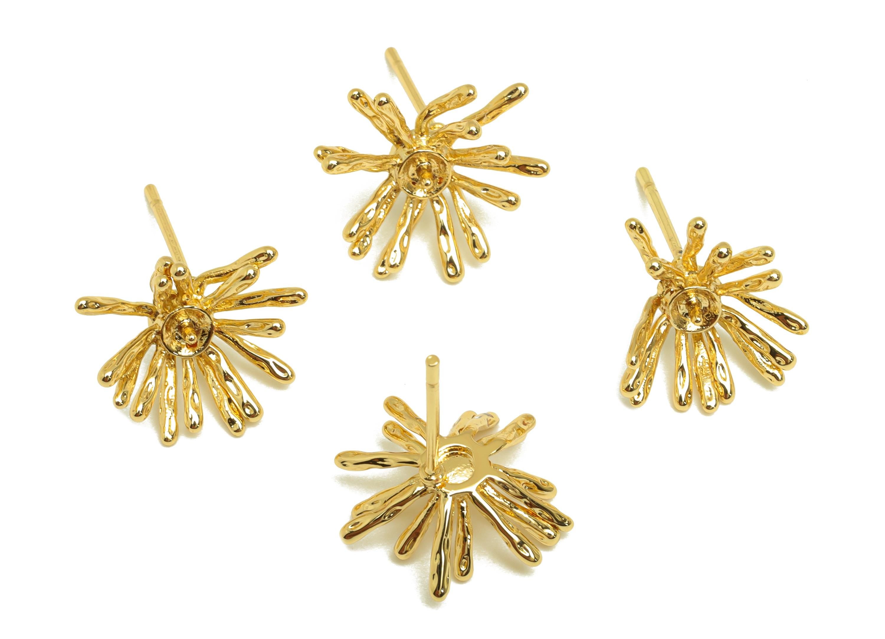 Brass Spike Ear Setting - Gold Flower Setting Earring Stud - Hammered Spike Earring Post - 18K Real Gold Plating - 14.3x12.7x2.7mm - RGP7659 - DOMEDBAZAAR