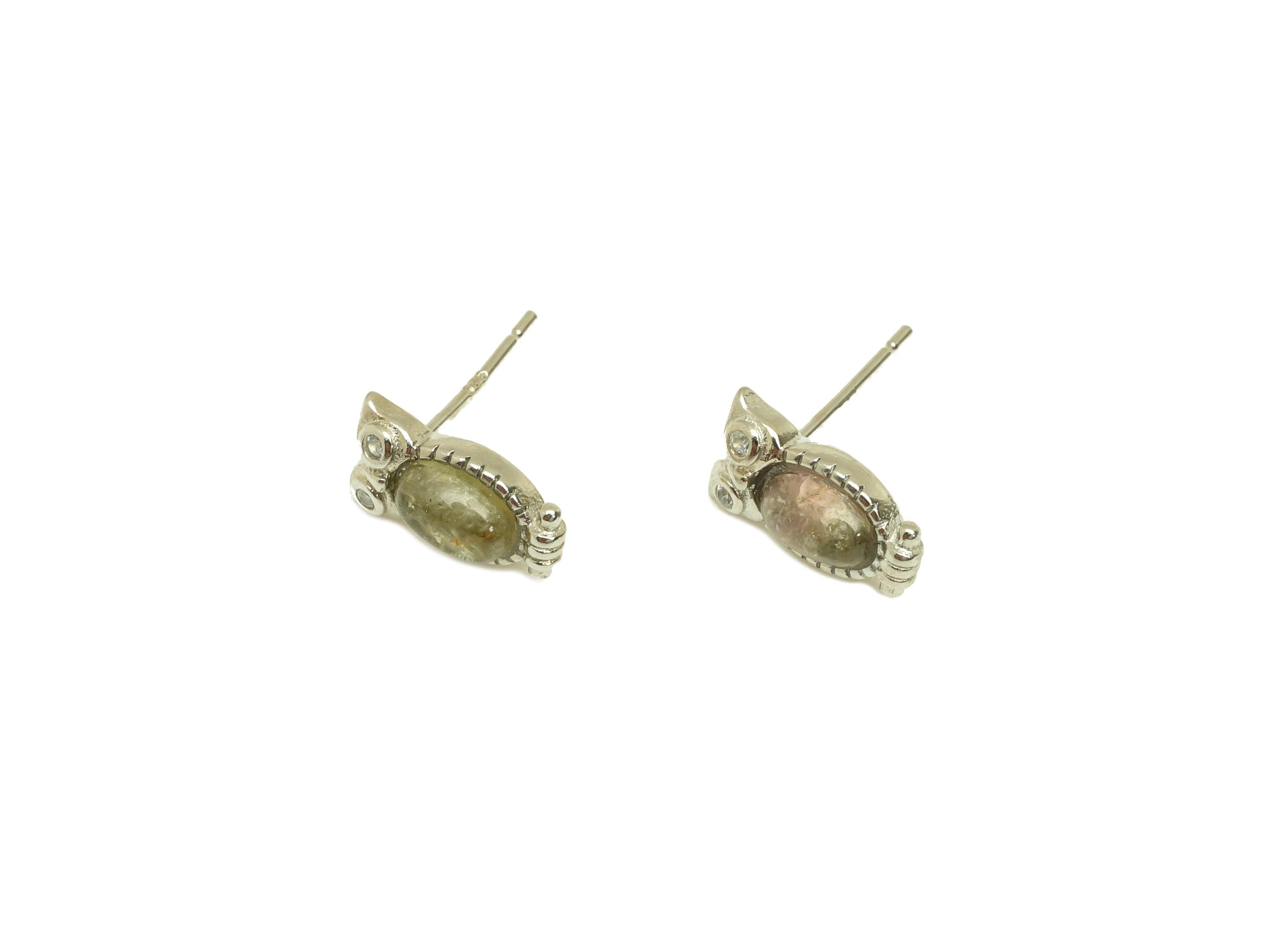Brass Owl Earring Stud - Brass Tourmaline Earring Post - Animal Earring Post - 925 Silver Stud - Silver Tone Plating - 14x6x0.71mm - RGP7269 - DOMEDBAZAAR