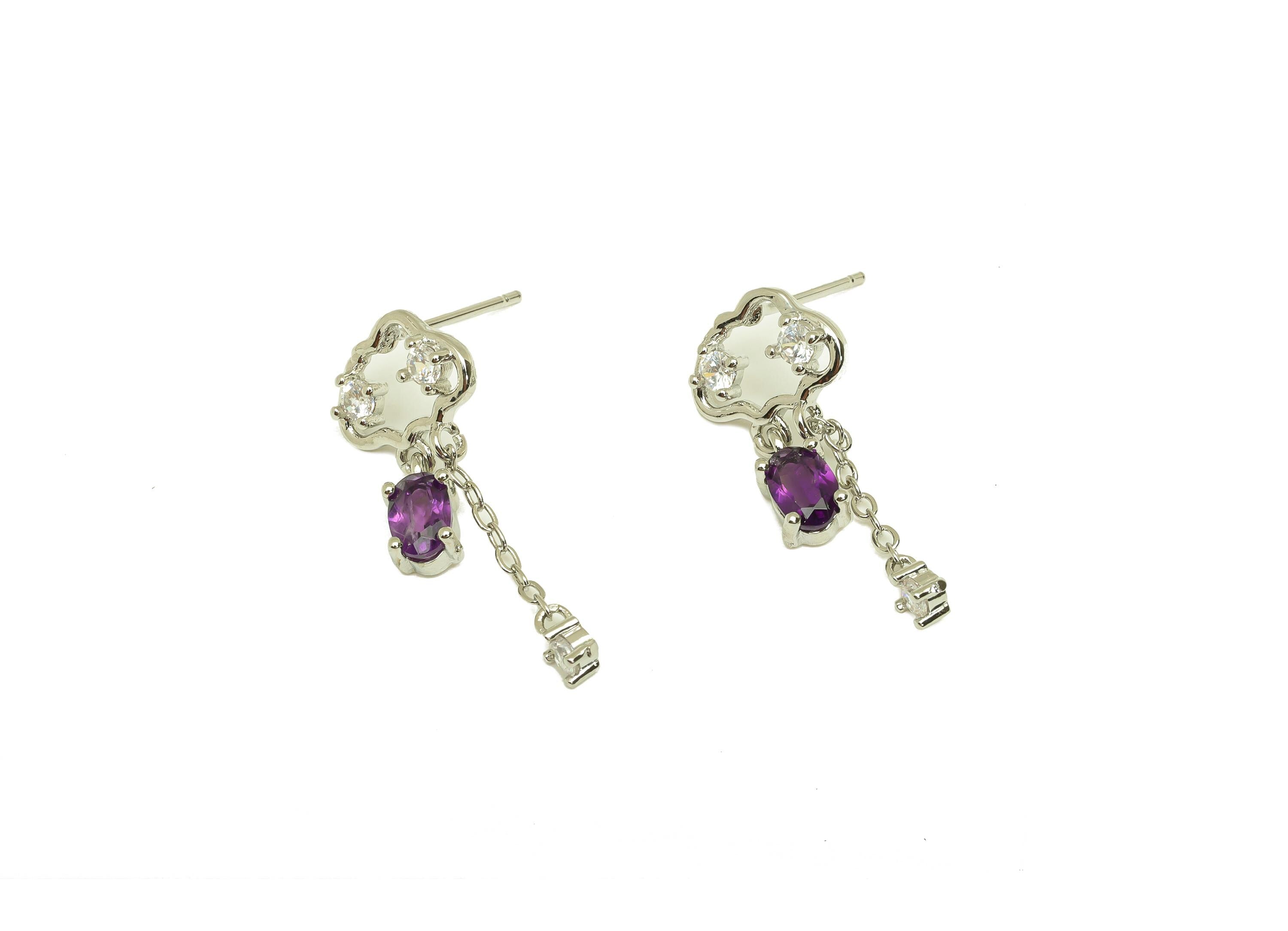 Brass Cloud Earring Stud - Brass Cubic Zircon Earring Post - Amethyst Earring Post - Silver Stud - Silver Tone Plating - 26x11x1mm - RGP7254 - DOMEDBAZAAR