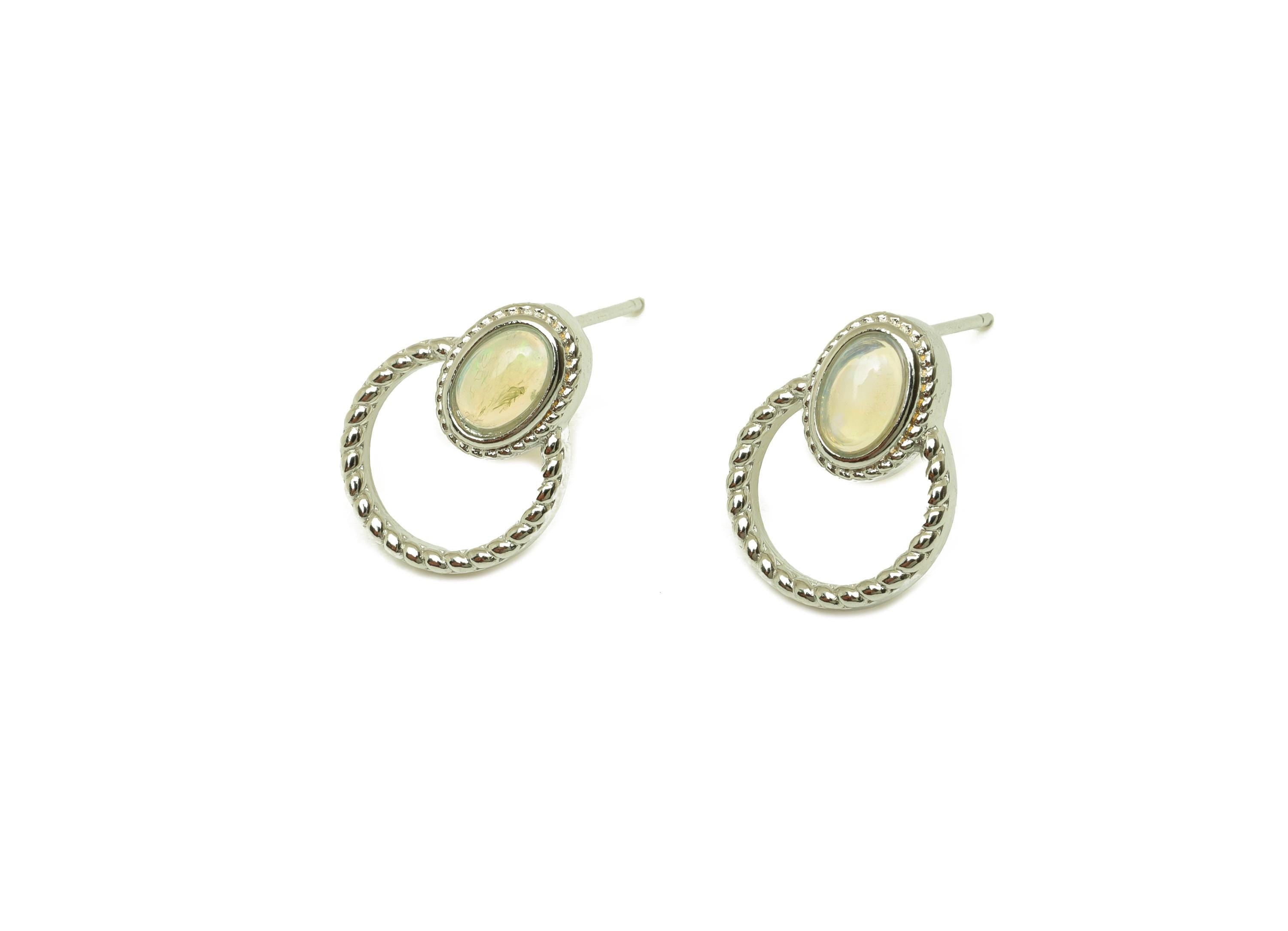 Brass Round Earring Stud - Brass Opal Earring Post - Opal Earring Post - Brass Stud - Silver Tone Plating - 16.49x11.95x0.69mm - RGP7258 - DOMEDBAZAAR