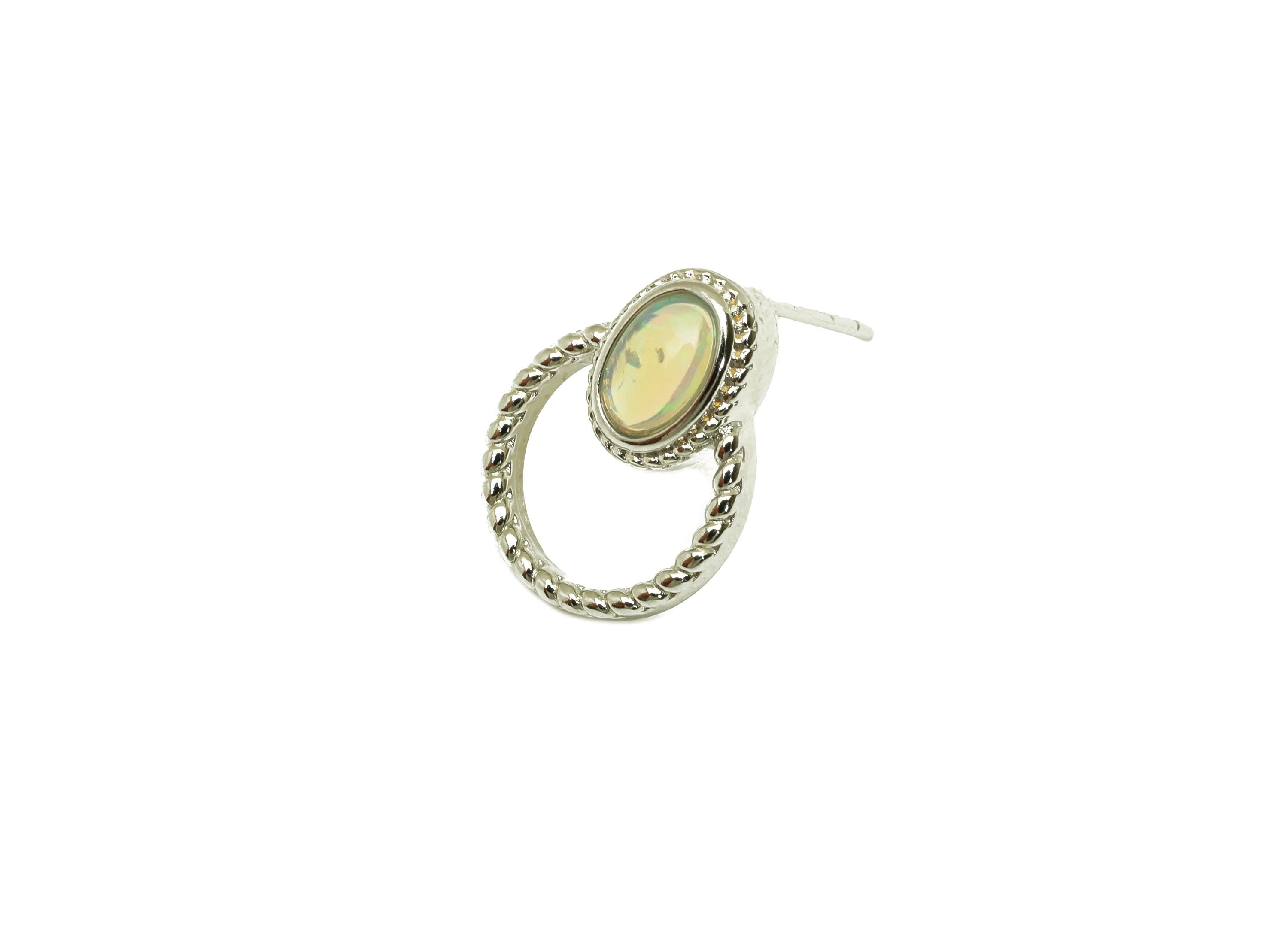Brass Round Earring Stud - Brass Opal Earring Post - Opal Earring Post - Brass Stud - Silver Tone Plating - 16.49x11.95x0.69mm - RGP7258 - DOMEDBAZAAR
