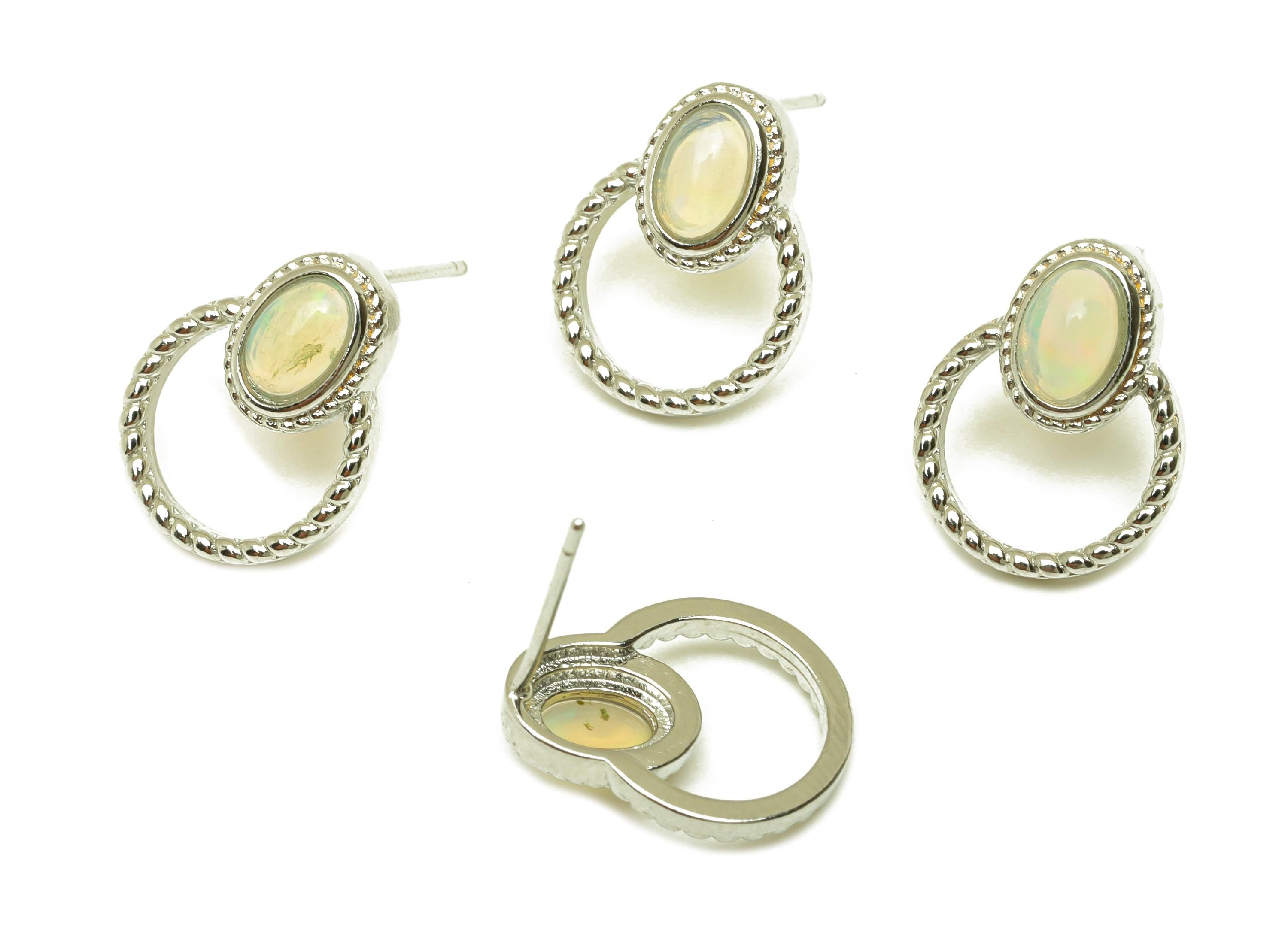 Brass Round Earring Stud - Brass Opal Earring Post - Opal Earring Post - Brass Stud - Silver Tone Plating - 16.49x11.95x0.69mm - RGP7258 - DOMEDBAZAAR