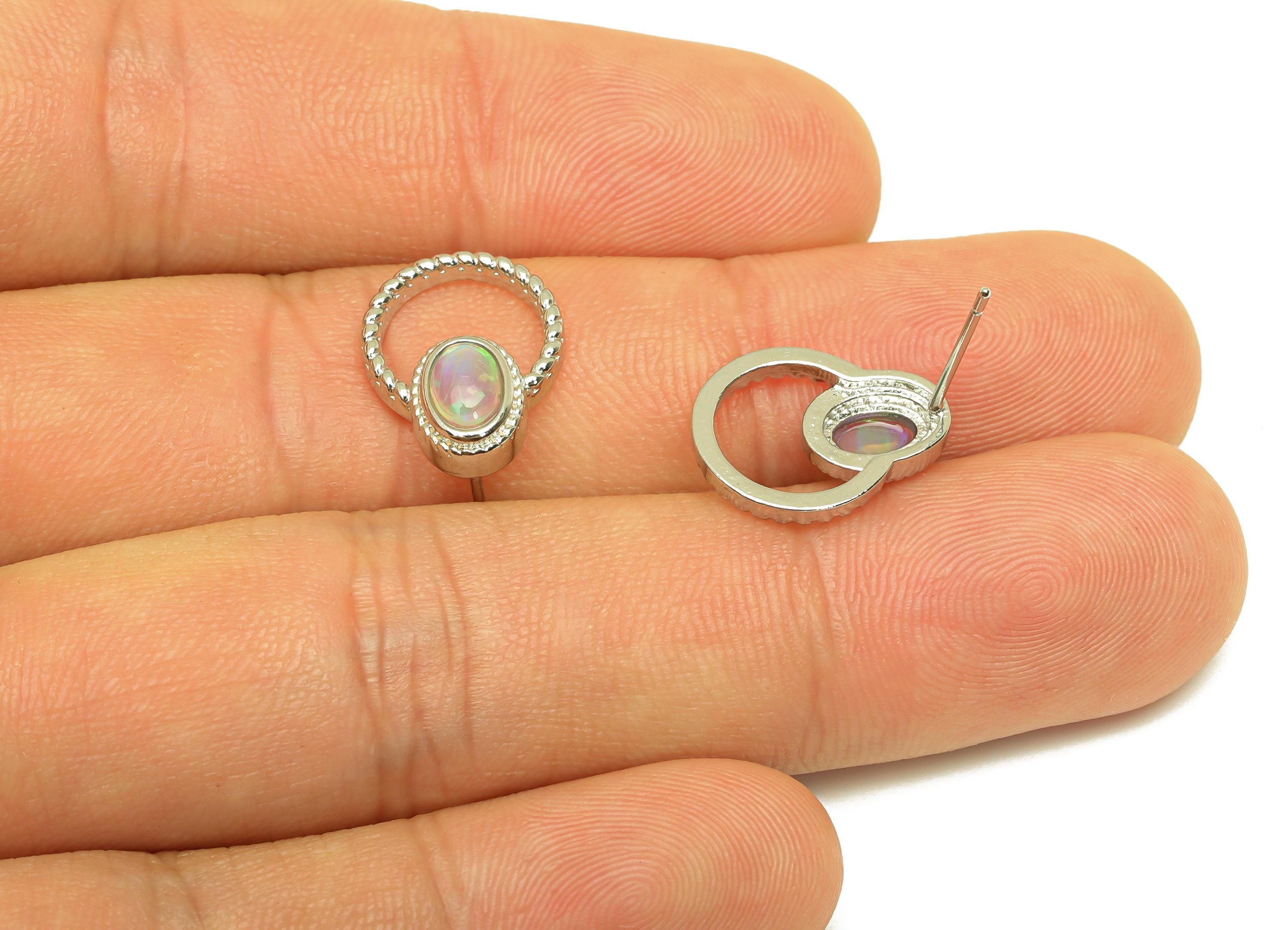 Brass Round Earring Stud - Brass Opal Earring Post - Opal Earring Post - Brass Stud - Silver Tone Plating - 16.49x11.95x0.69mm - RGP7258 - DOMEDBAZAAR