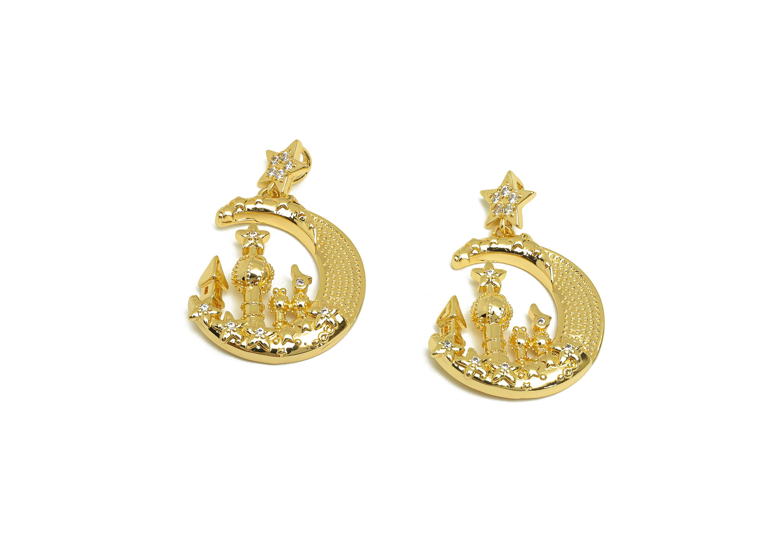 Brass Crescent Earring Charm - Zircon Star Castle Charm - CZ Textured Moon Castle Pendant - 18K Real Gold Plated - 21x29.5x3.51mm - RGP7660 - DOMEDBAZAAR