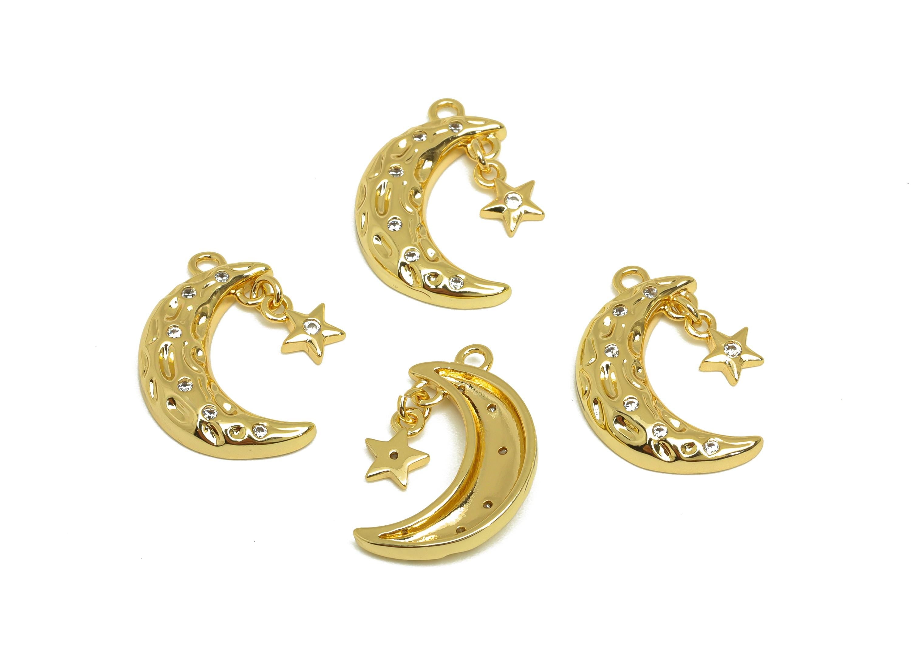 Brass Crescent Earring Charm - Hammered Zircon Star Charm - CZ Hammered Moon Pendant - 18K Real Gold Plated - 19.1x11.62x2.83mm - RGP7661 - DOMEDBAZAAR