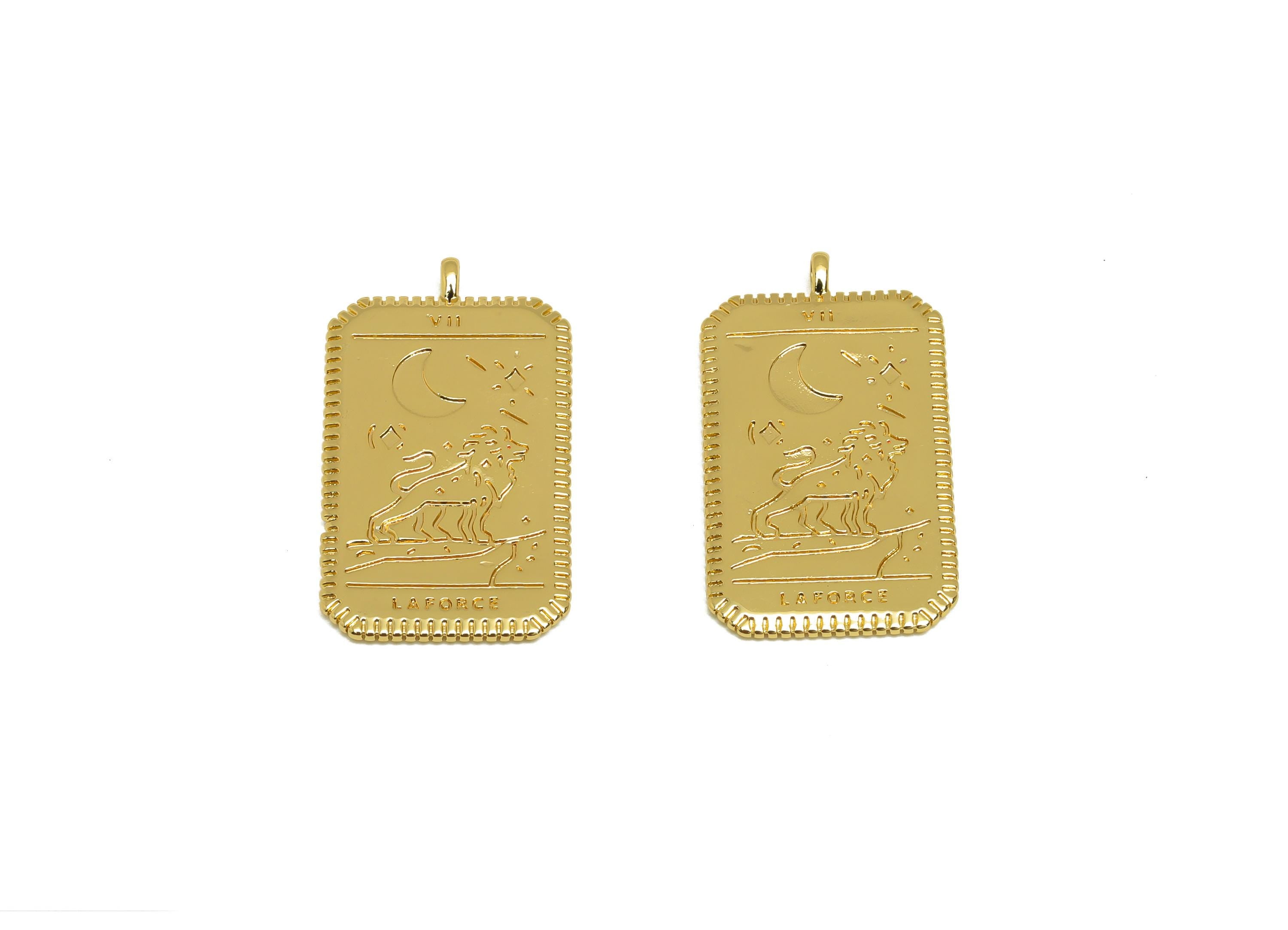 Brass Rectangle Earring Charm - Textured Lion Moon Charm - Gold Rectangle Pendant - 18K Real Gold Plated - 14.69x27.03x1.09mm - RGP7663 - DOMEDBAZAAR