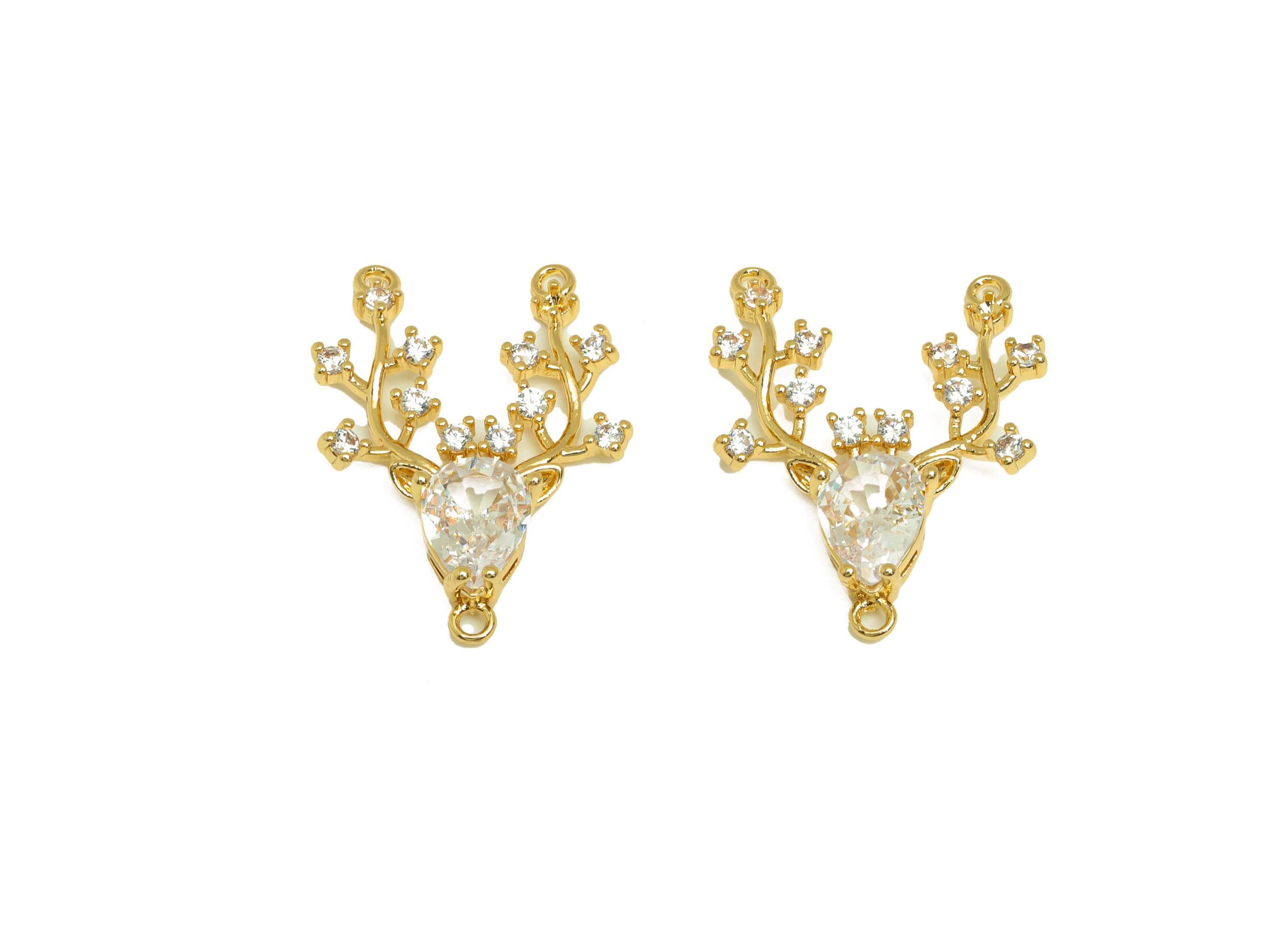 Brass Deer Head Connector - Gold Zircon Deer Charm - CZ Deer Head Connector - For Necklace - 18K Real Gold Plated - 24.7x17.9x4.28mm-RGP7665 - DOMEDBAZAAR