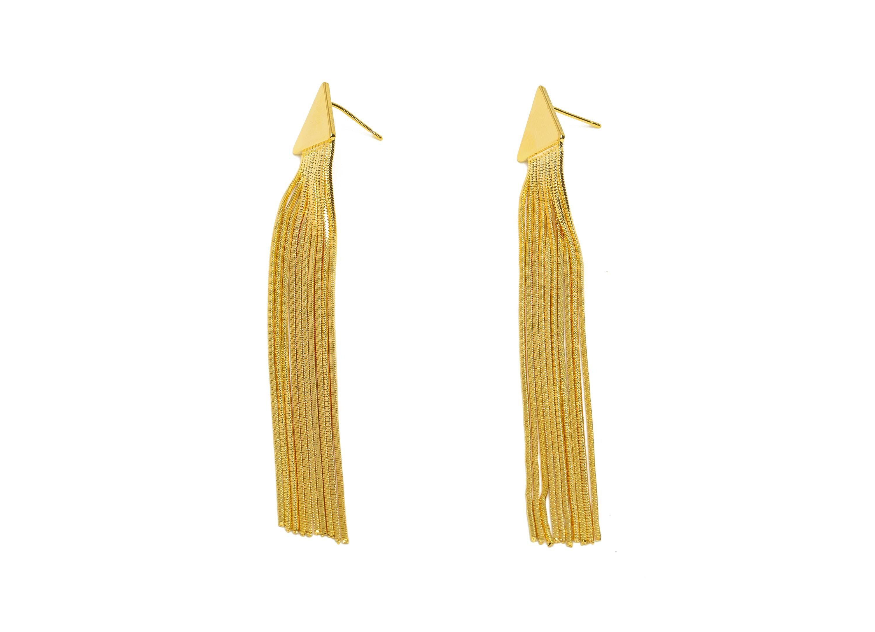 Brass Tassel Earring Stud - Gold Triangle Tassel Earring Post - Snake Chain Tassel Earring - 18K Real Gold Plated - 85.07x12.98x1mm -RGP7580 - DOMEDBAZAAR
