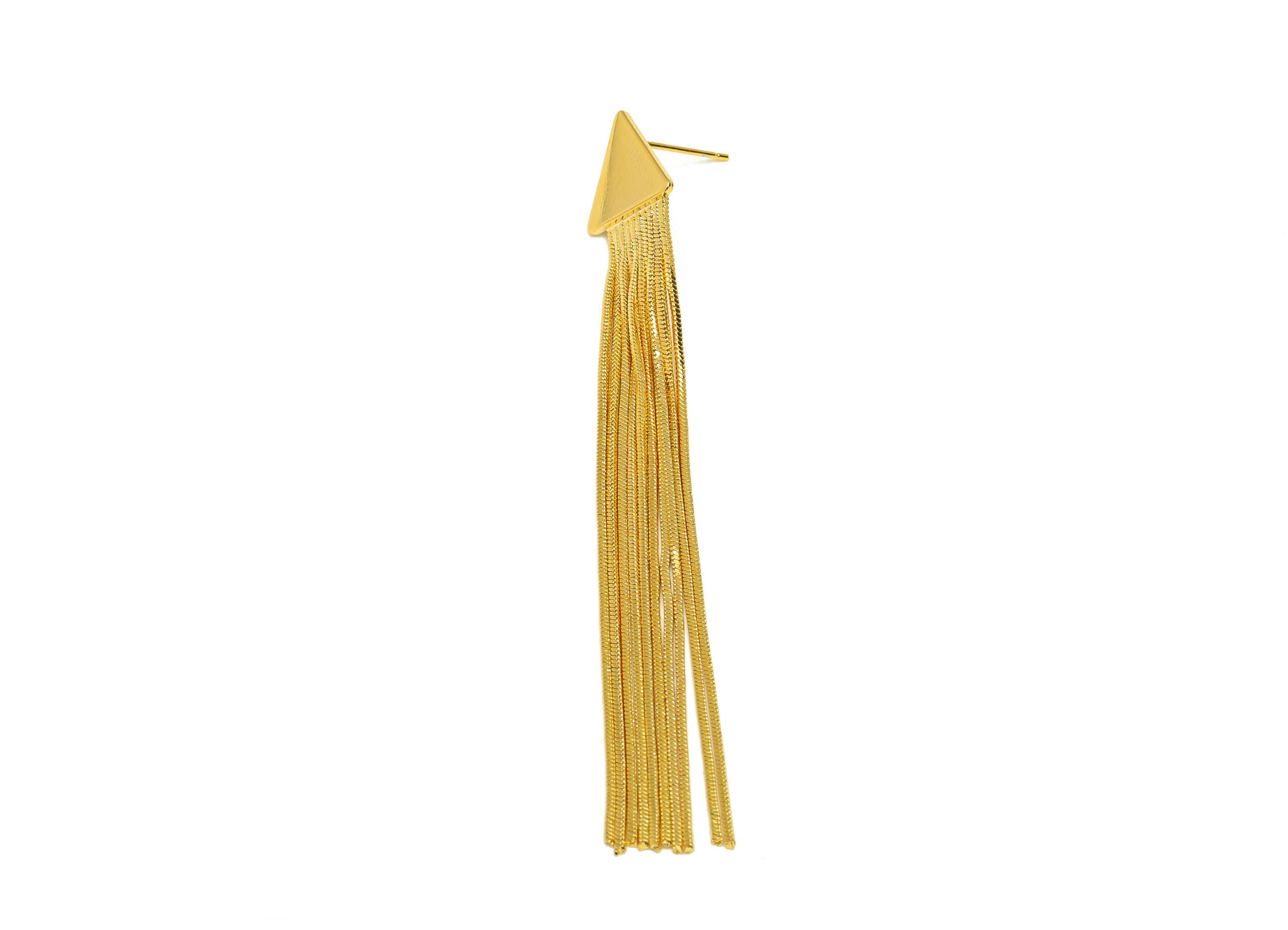 Brass Tassel Earring Stud - Gold Triangle Tassel Earring Post - Snake Chain Tassel Earring - 18K Real Gold Plated - 85.07x12.98x1mm -RGP7580 - DOMEDBAZAAR