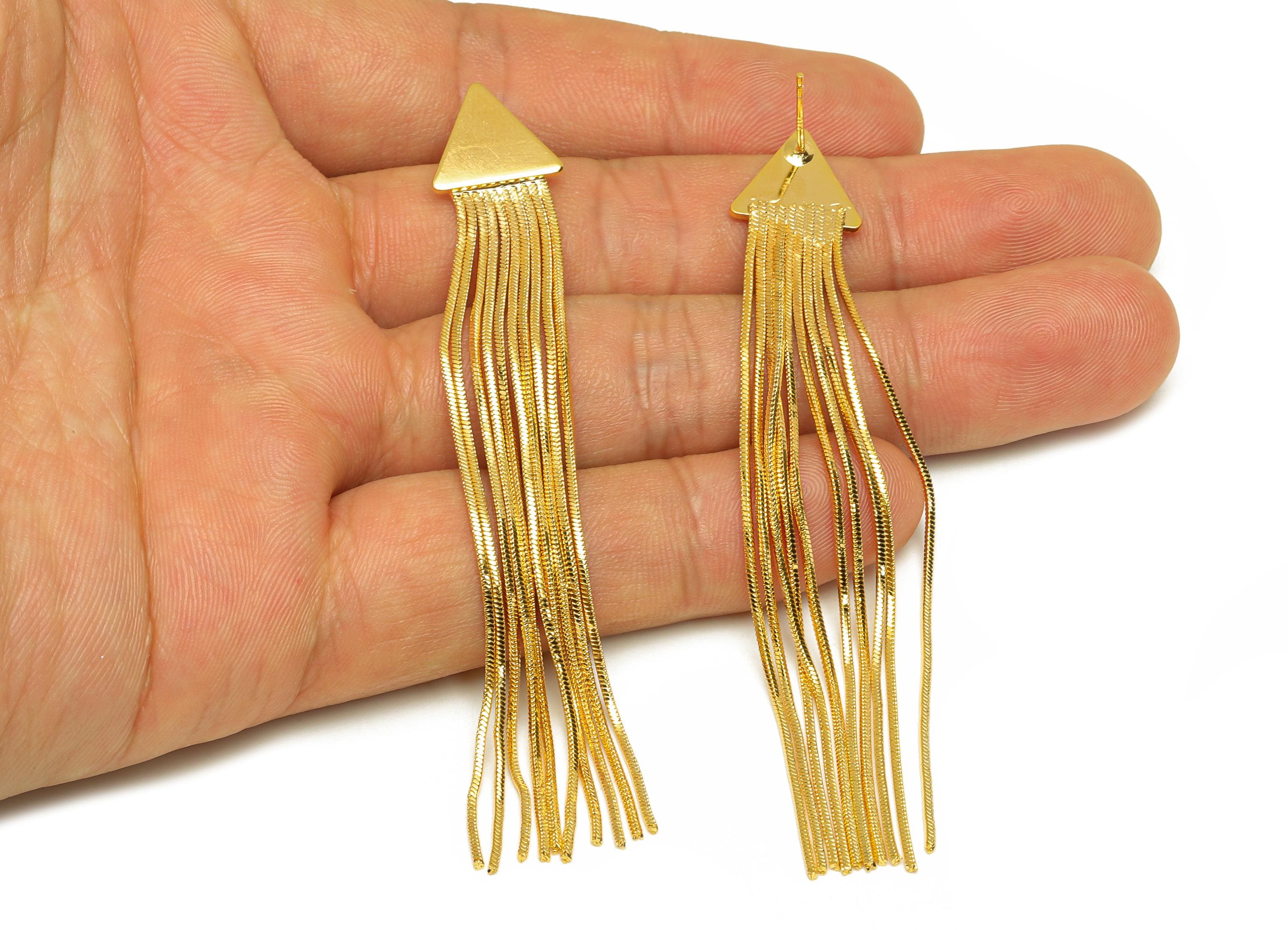 Brass Tassel Earring Stud - Gold Triangle Tassel Earring Post - Snake Chain Tassel Earring - 18K Real Gold Plated - 85.07x12.98x1mm -RGP7580 - DOMEDBAZAAR