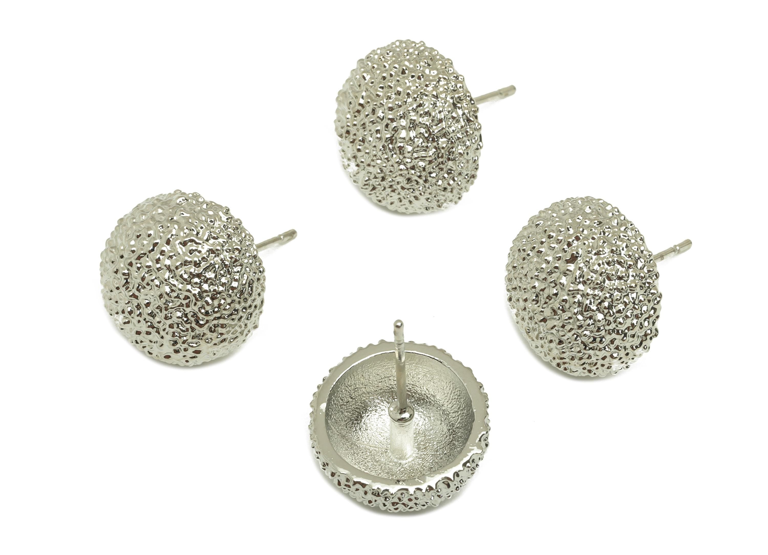 Brass Round Earring Stud - Textured Earring Post - Frosted Twine Wire Earring Post - 18K Real White Gold Plating - 18x13x7mm - RGP7803 - DOMEDBAZAAR