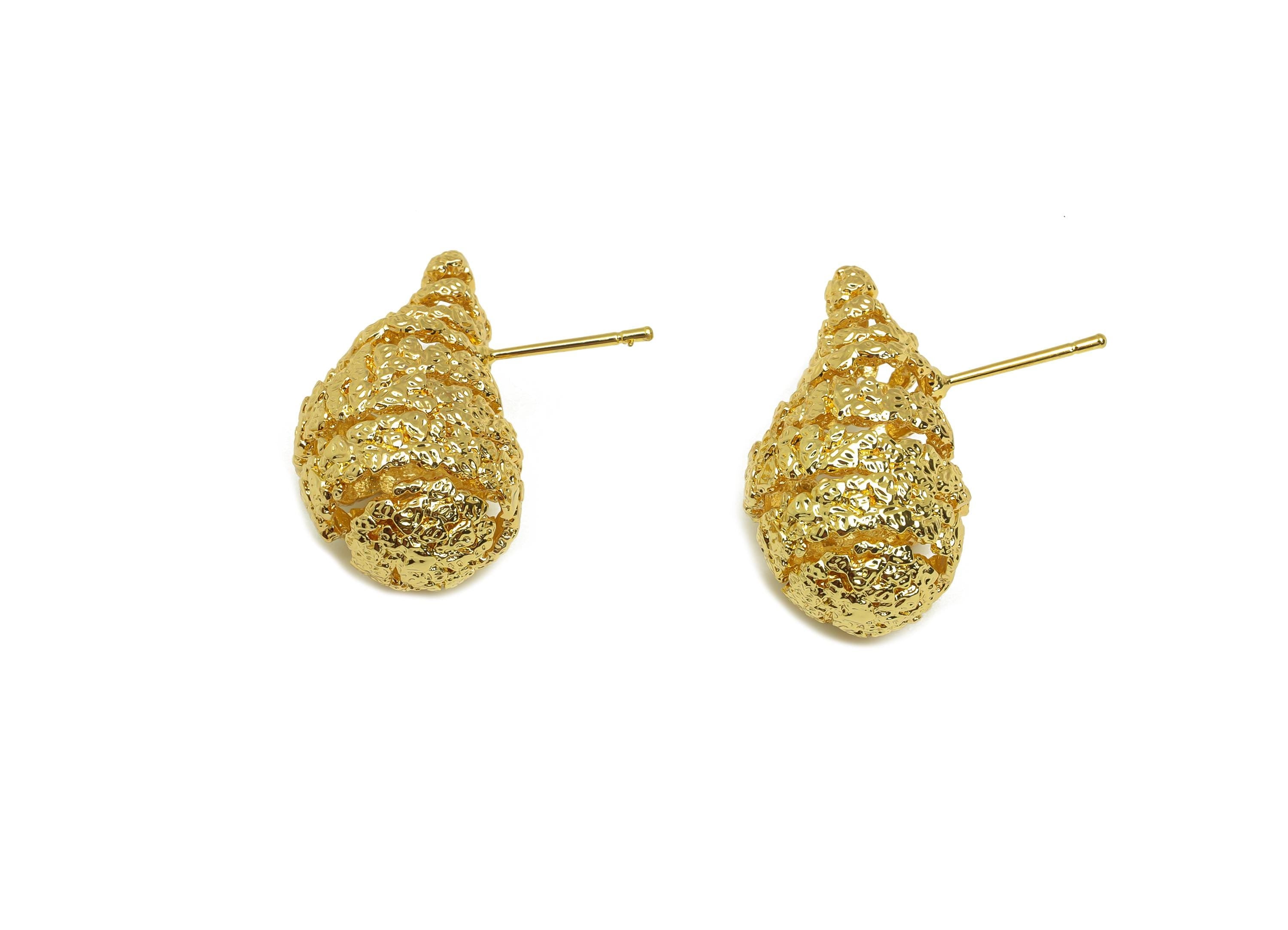 Brass Teardrop Earring Stud - Textured Drop Earring Post - Frosted Twine Wire Earring Post - 18K Real Gold Plating -25x23x14.45mm - RGP7795 - DOMEDBAZAAR