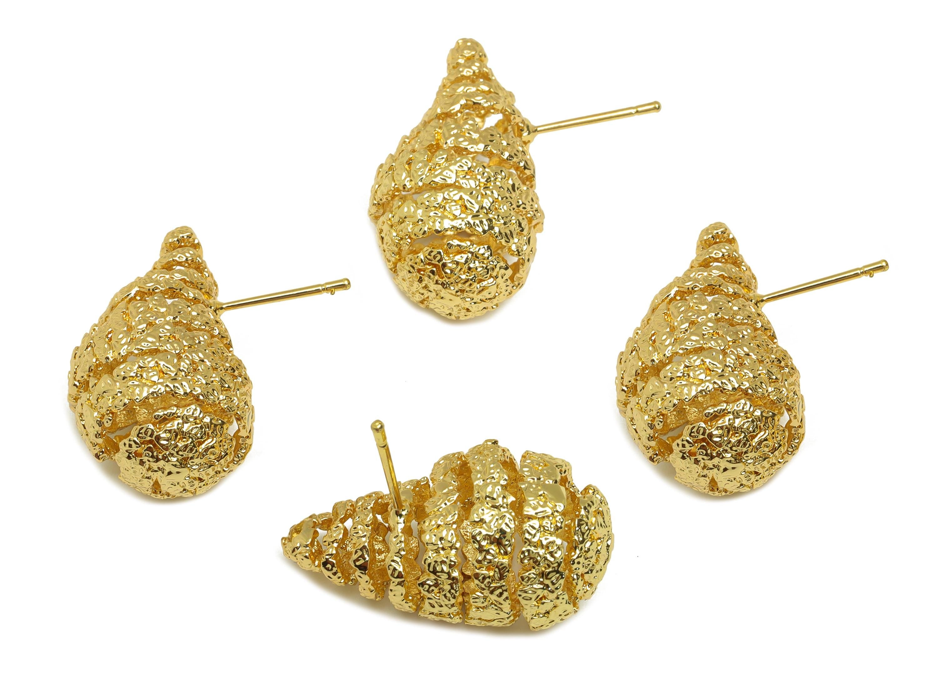 Brass Teardrop Earring Stud - Textured Drop Earring Post - Frosted Twine Wire Earring Post - 18K Real Gold Plating -25x23x14.45mm - RGP7795 - DOMEDBAZAAR