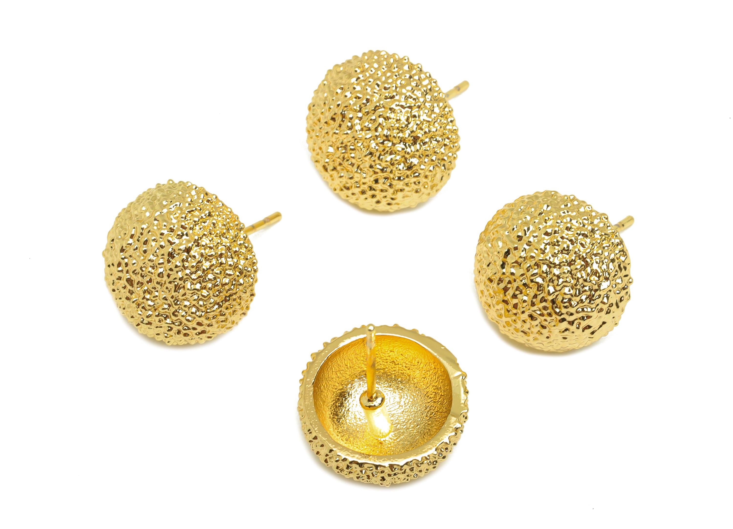 Brass Round Earring Stud - Textured Circle Earring Post - Frosted Earring Post - 18K Real Gold Plating - 18.3x 13.53x7.06mm - RGP7814 - DOMEDBAZAAR
