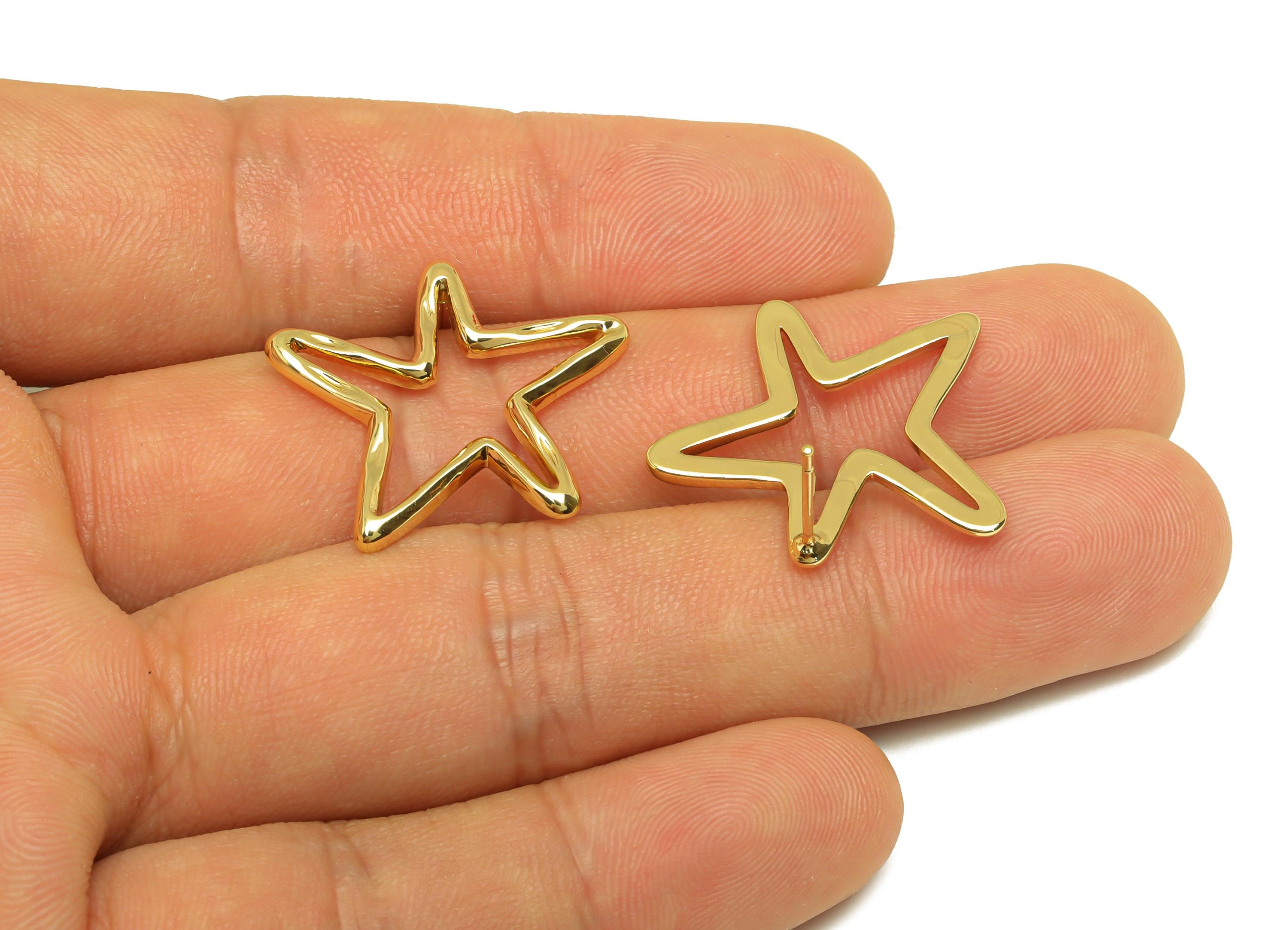 Brass Star Earring Stud - Textured Star Earring Post - Brass Star Wire Earring Post - 18K Real Gold Plating - 26.47x25.77x1.81mm - RGP7813 - DOMEDBAZAAR