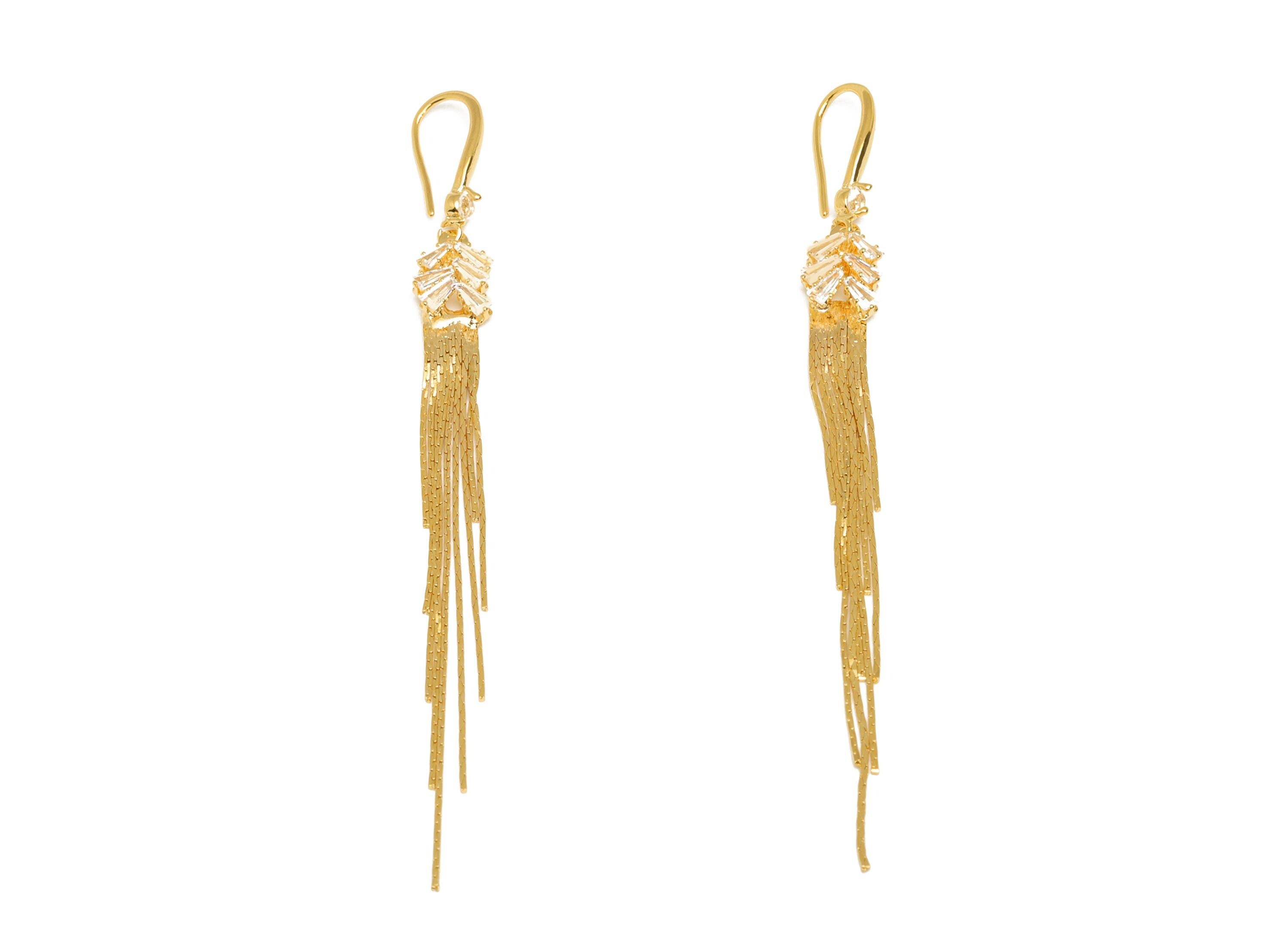 Brass Tassel Chain Earring - Gold CZ Snake Chain Ear Wire - Zircon Chain Earring Hook - 18K Real Gold Plating - 89.26x7.6x2.63mm - RGP7582 - DOMEDBAZAAR