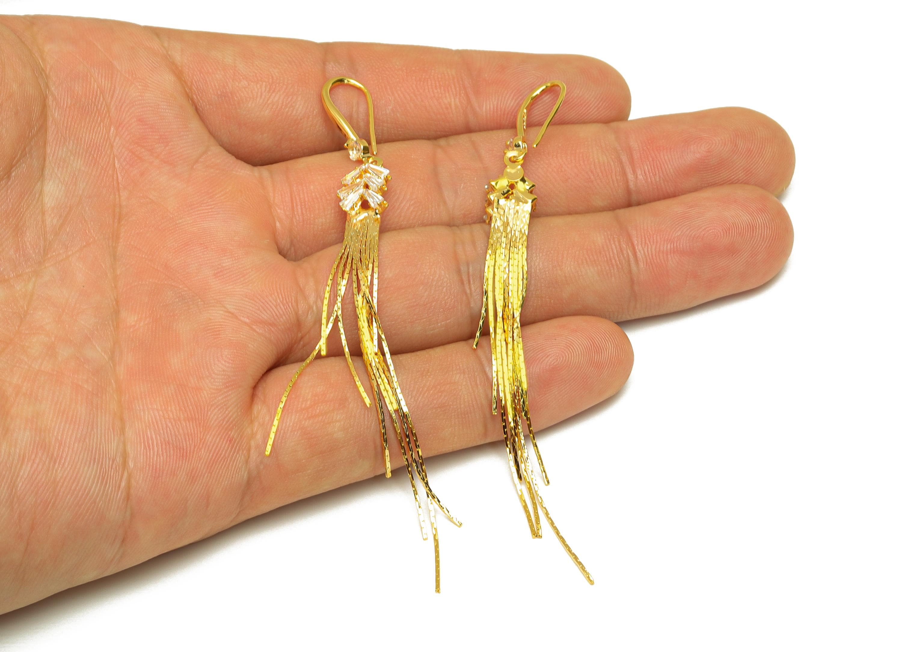 Brass Tassel Chain Earring - Gold CZ Snake Chain Ear Wire - Zircon Chain Earring Hook - 18K Real Gold Plating - 89.26x7.6x2.63mm - RGP7582 - DOMEDBAZAAR