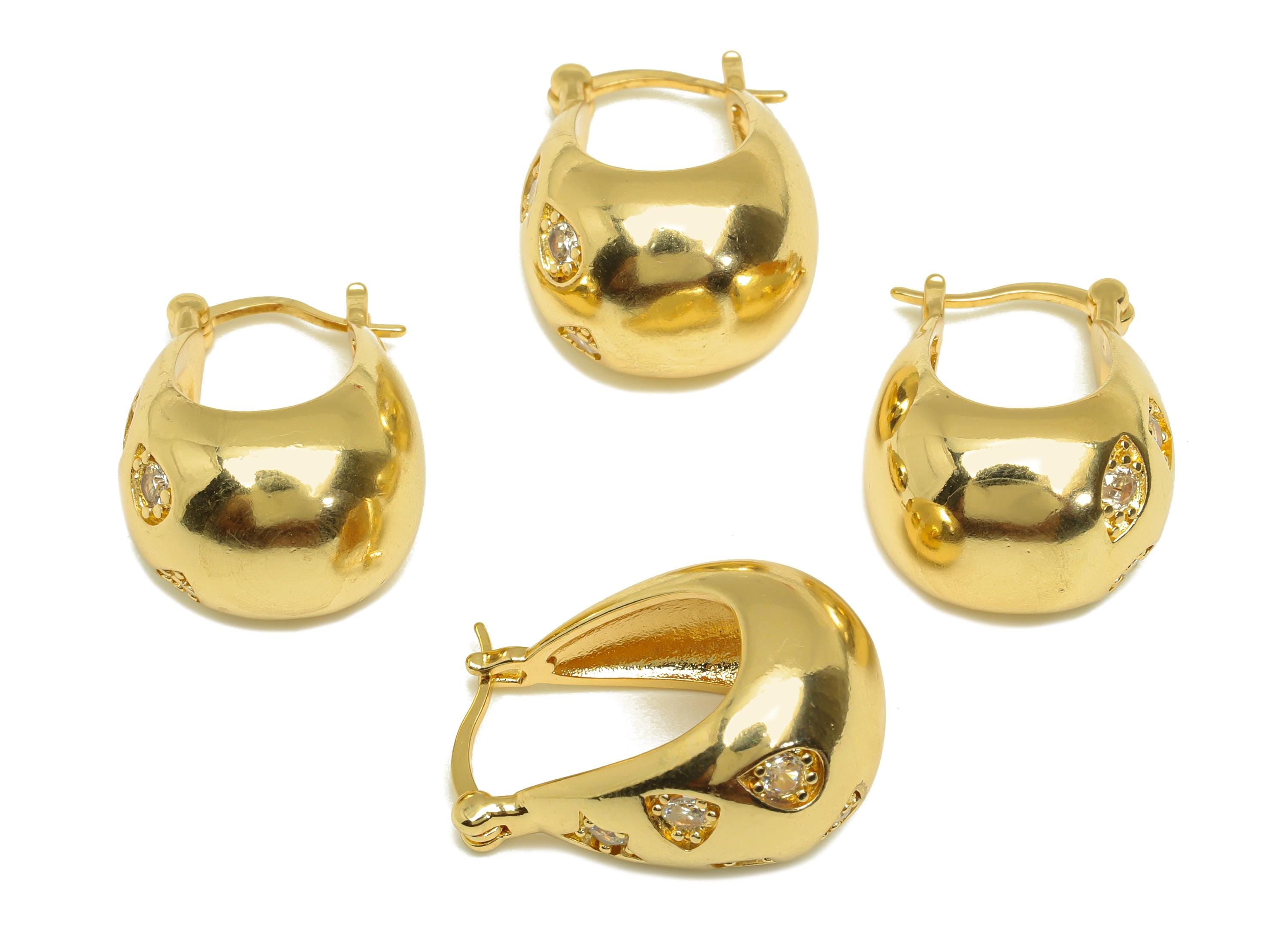 Brass Basket Hoop Earring - Gold Geometric Zircon Huggie Earring - Basket Hoop Earrings - 18K Real Gold Plated - 23.97x17.37x0.68mm- RGP7589 - DOMEDBAZAAR