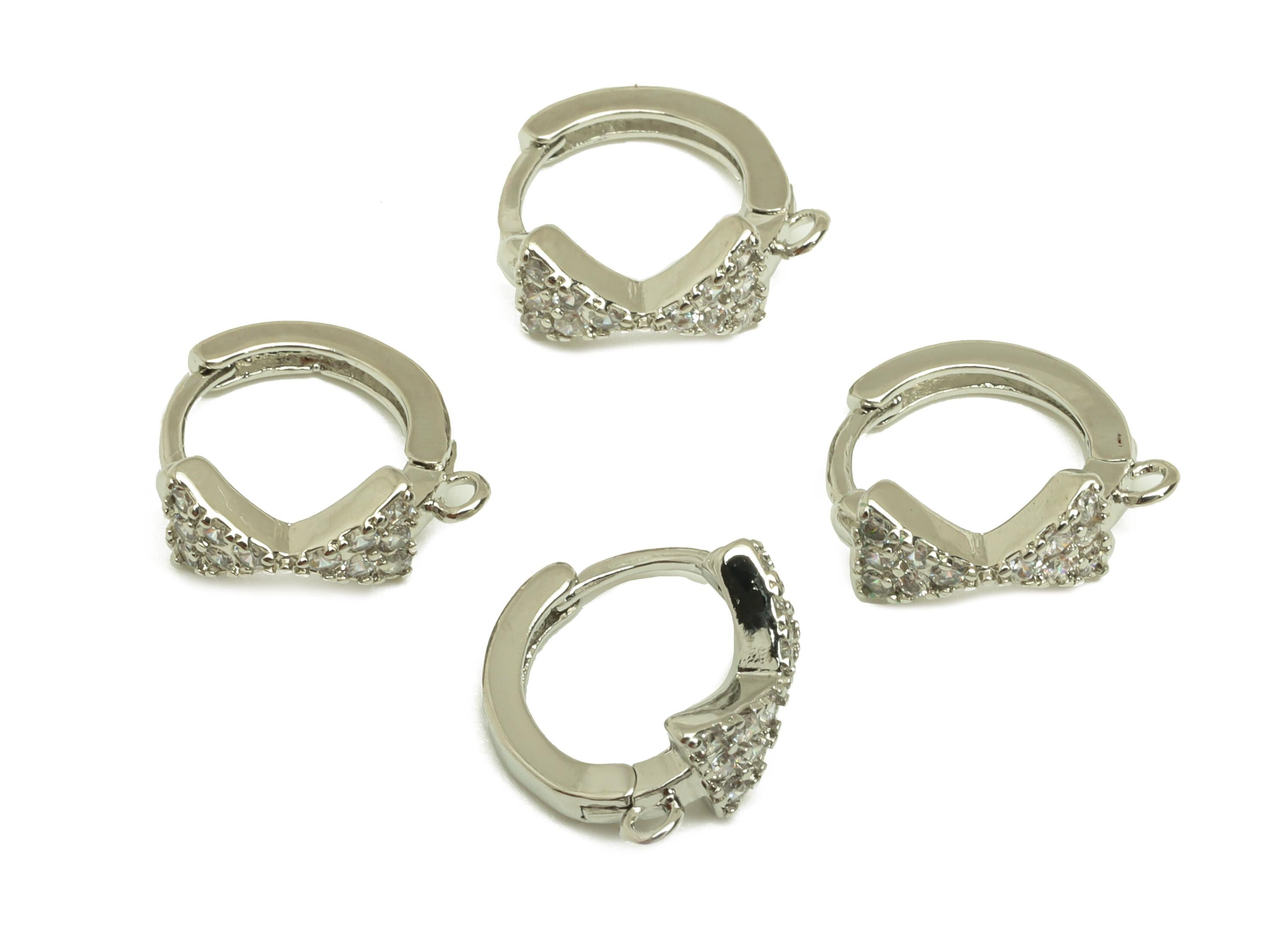 Brass CZ Bow Huggie Hoop - Butterfly Bow Earring Clasp - Zircon Hoop Clasp Earring - 18K Real White Gold Plating - 10x10x4.8mm - RGP7826 - DOMEDBAZAAR