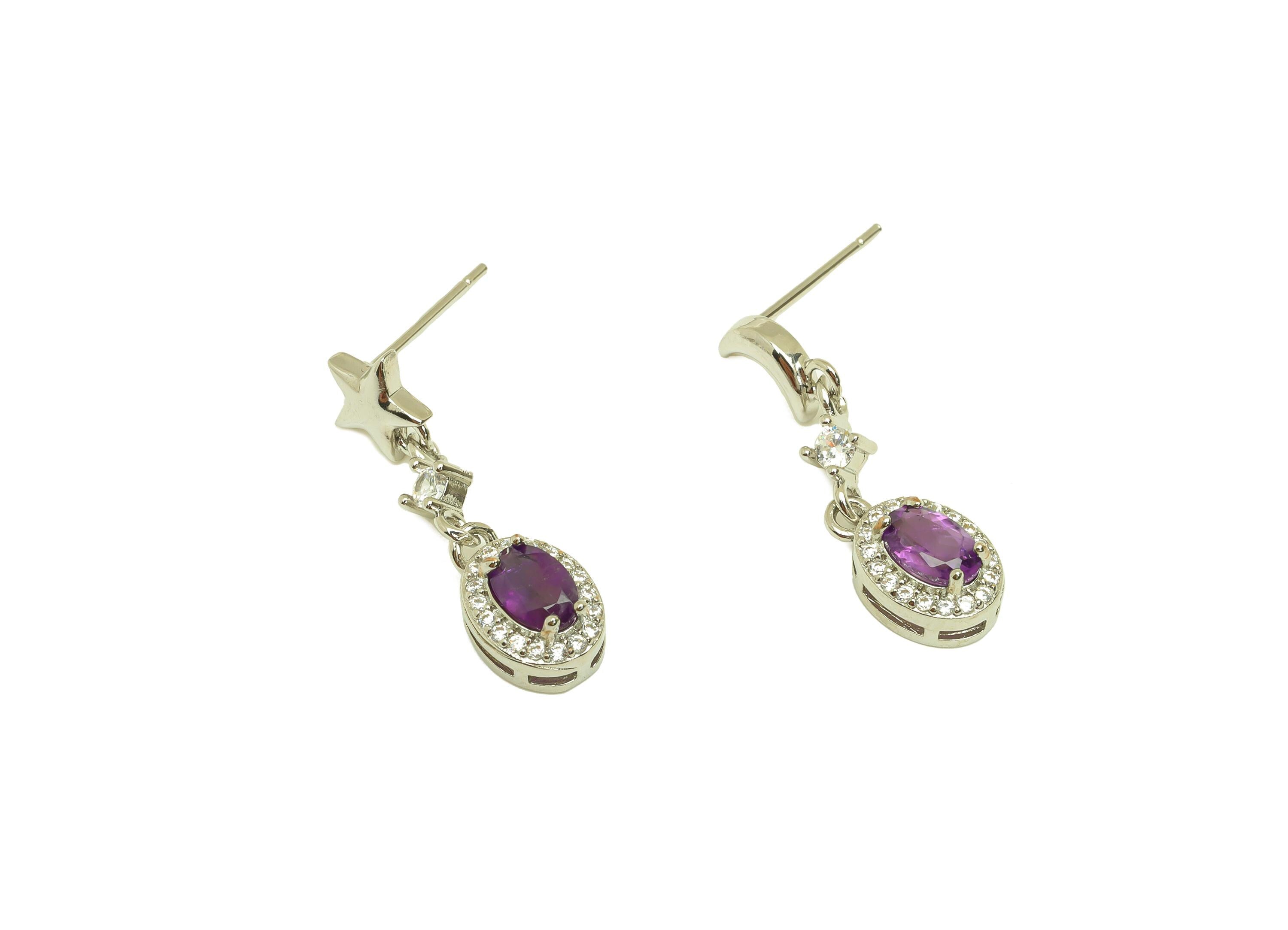 Brass Crescent Earring Stud - Brass Star Cubic Zircon Earring Post - Amethyst Earring Post - Silver Tone Plating - 25.5x6x0.72mm - RGP7250 - DOMEDBAZAAR