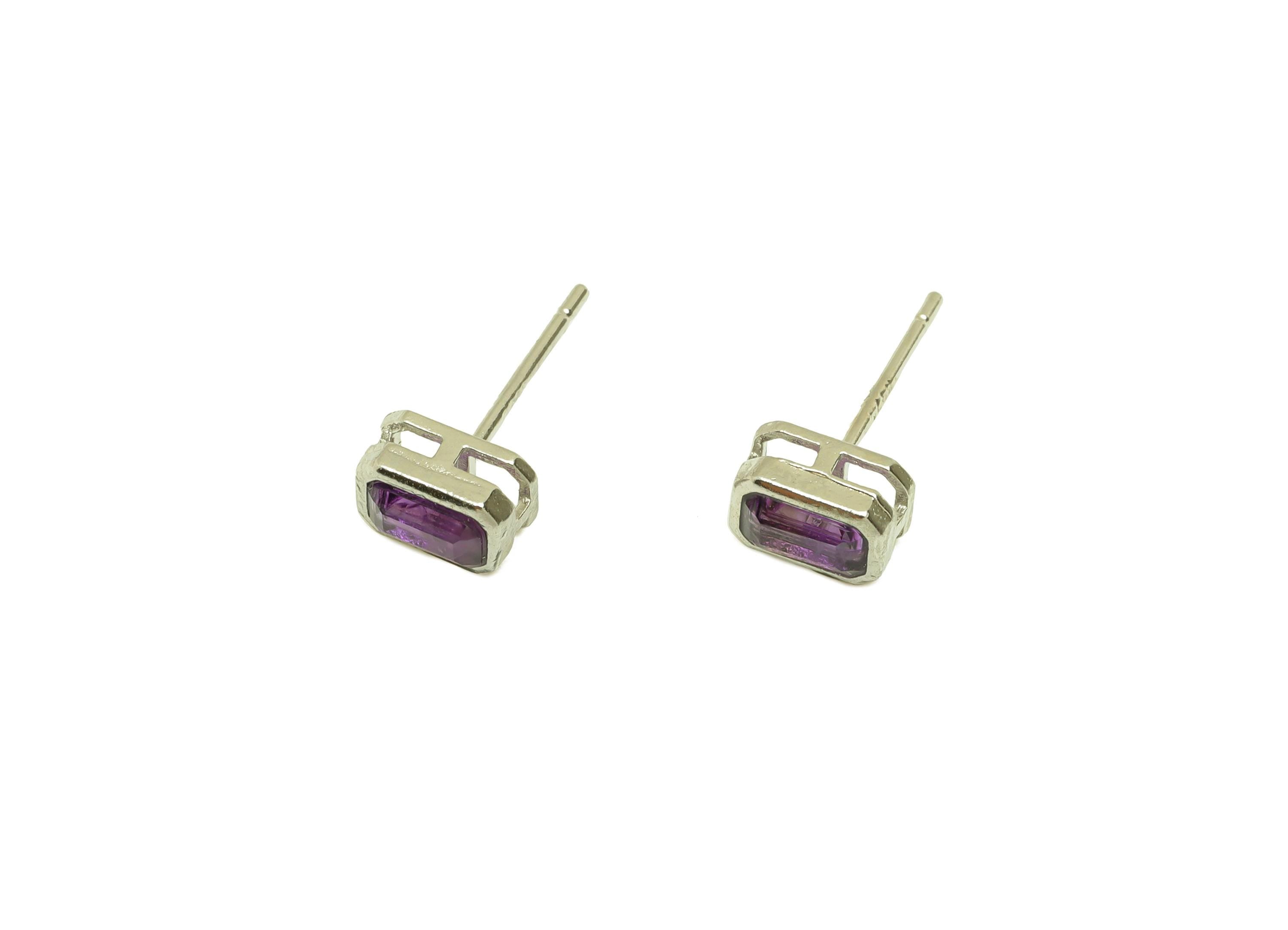 Brass Amethyst Earring Stud - Brass Rectangle Earring Post - Amethyst Earring Post -925 Silver Tone Plating - 14.74x4.67x0.75mm - RGP7243 - DOMEDBAZAAR