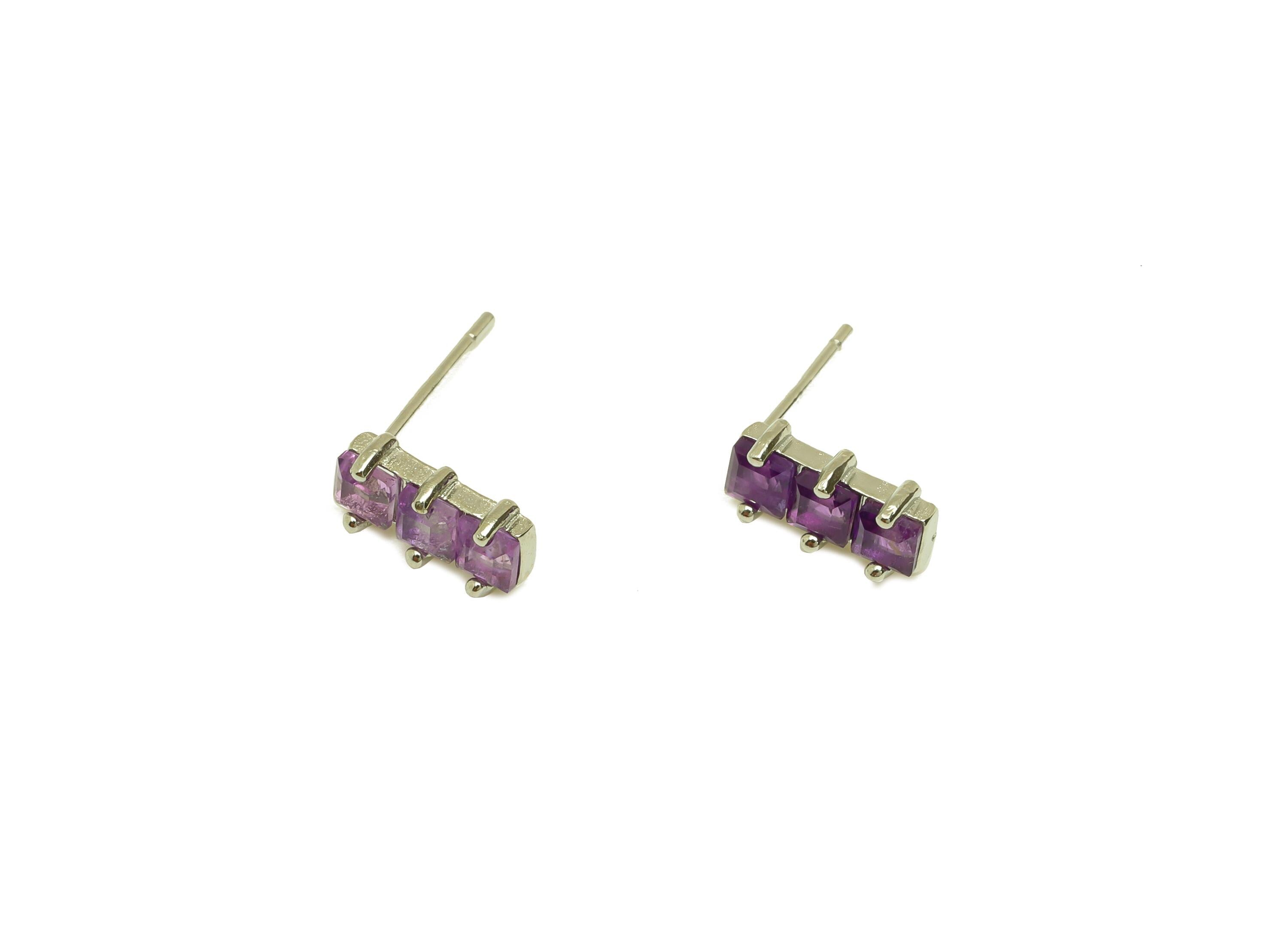 Brass Rectangle Earring Stud - Brass Earring Post - Amethyst Earring Post - Brass Stud - Silver Tone Plating - 13x4x0.7mm - RGP7249 - DOMEDBAZAAR